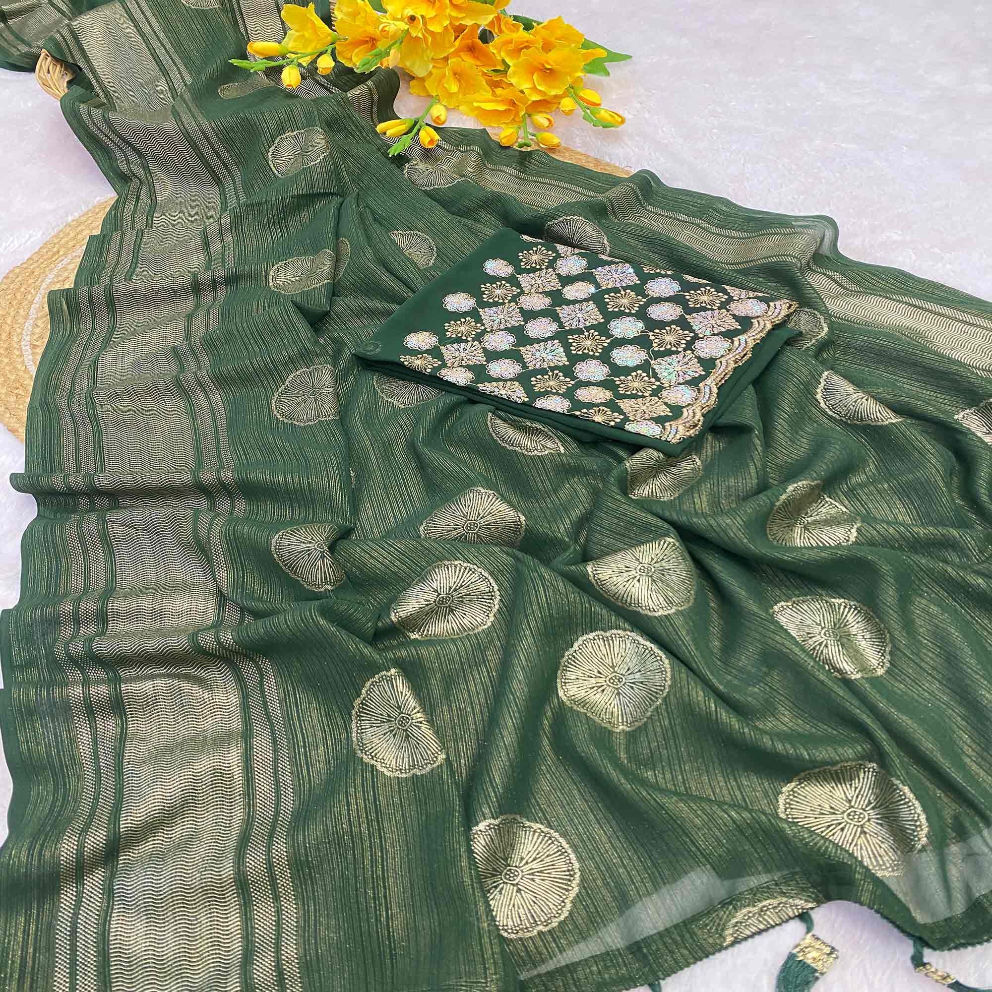 Green Georgette Saree With Shimmering Floral Foil Print & Tassel Accented Pallu