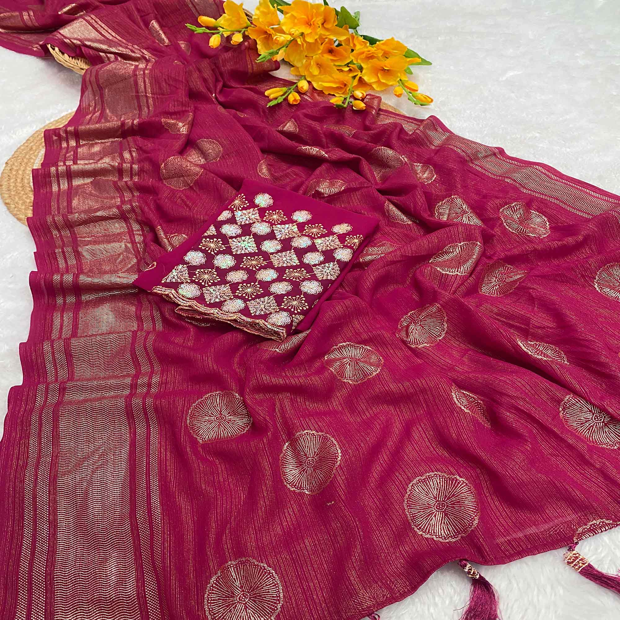 Pink Georgette Saree With Shimmering Floral Foil Print & Tassel Accented Pallu