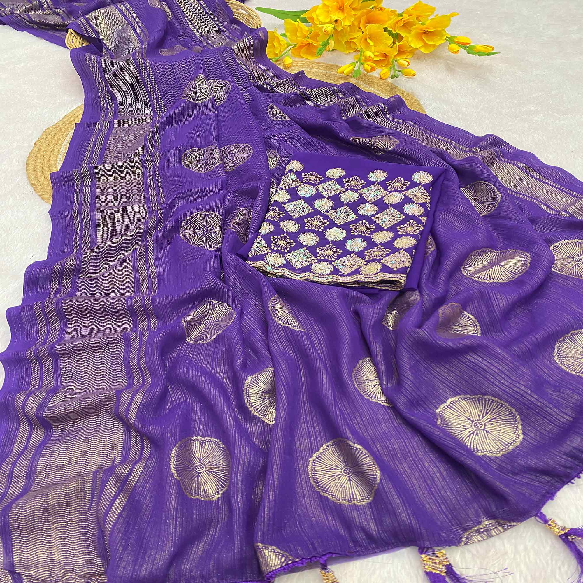 Purple Georgette Saree With Shimmering Floral Foil Print & Tassel Accented Pallu