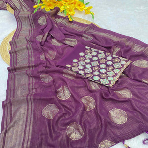 Wine Georgette Saree With Shimmering Floral Foil Print & Tassel Accented Pallu