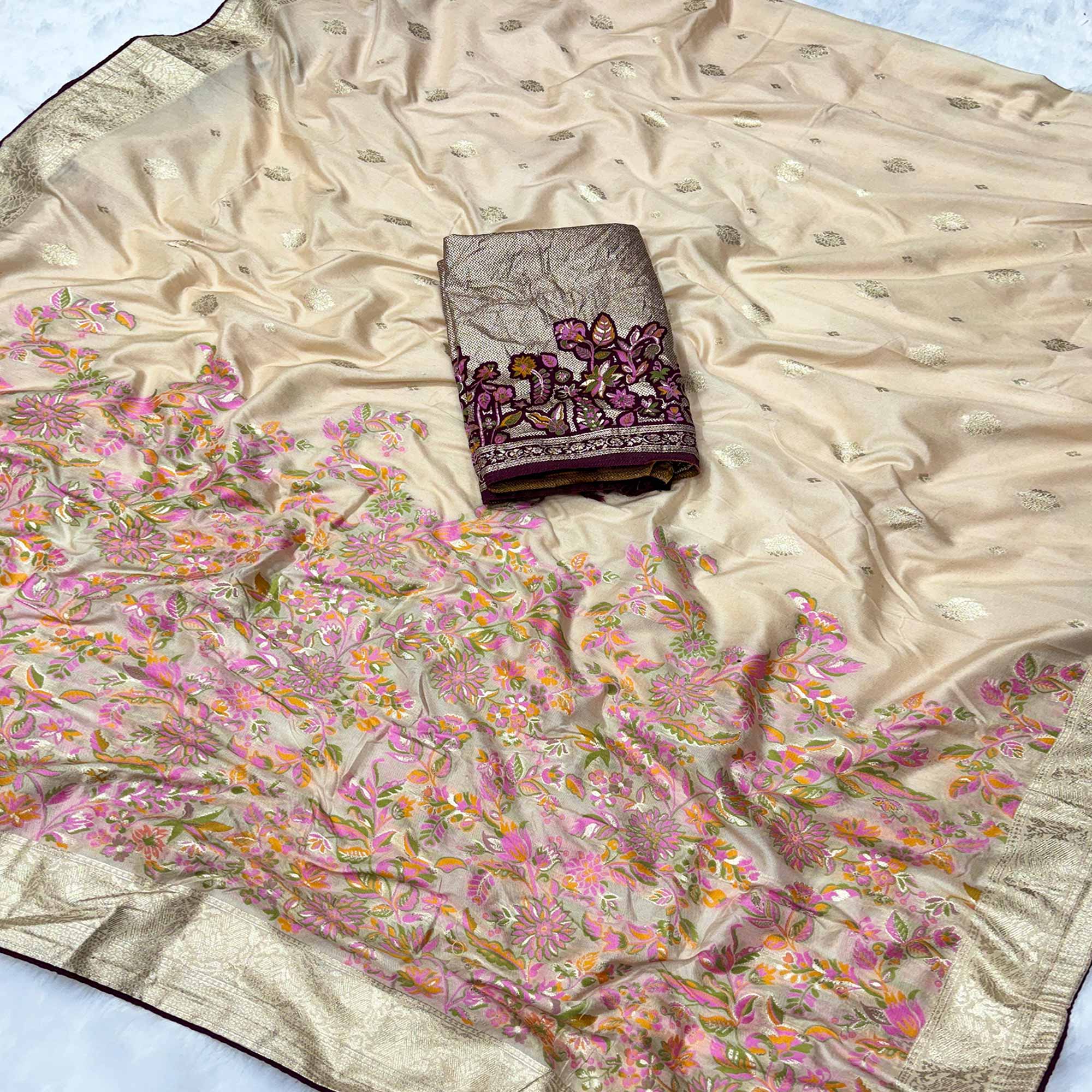 Chikoo Floral Zari Woven Dola Silk Saree For A Timeless Ethnic Look