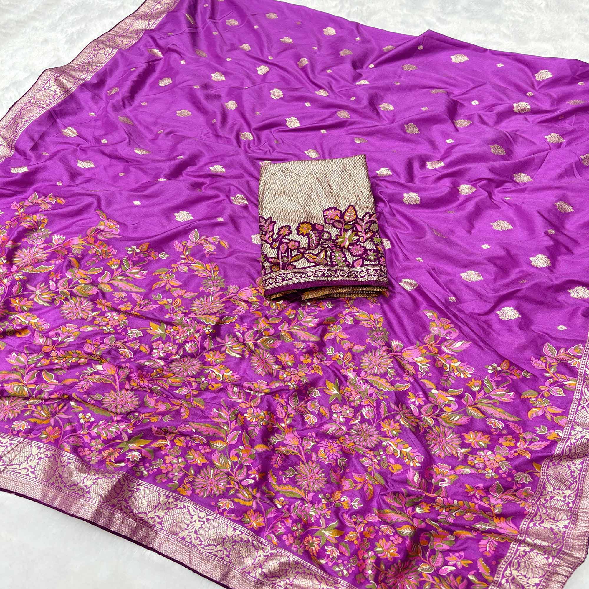 Purplish Pink Floral Zari Woven Dola Silk Saree For A Timeless Ethnic Look
