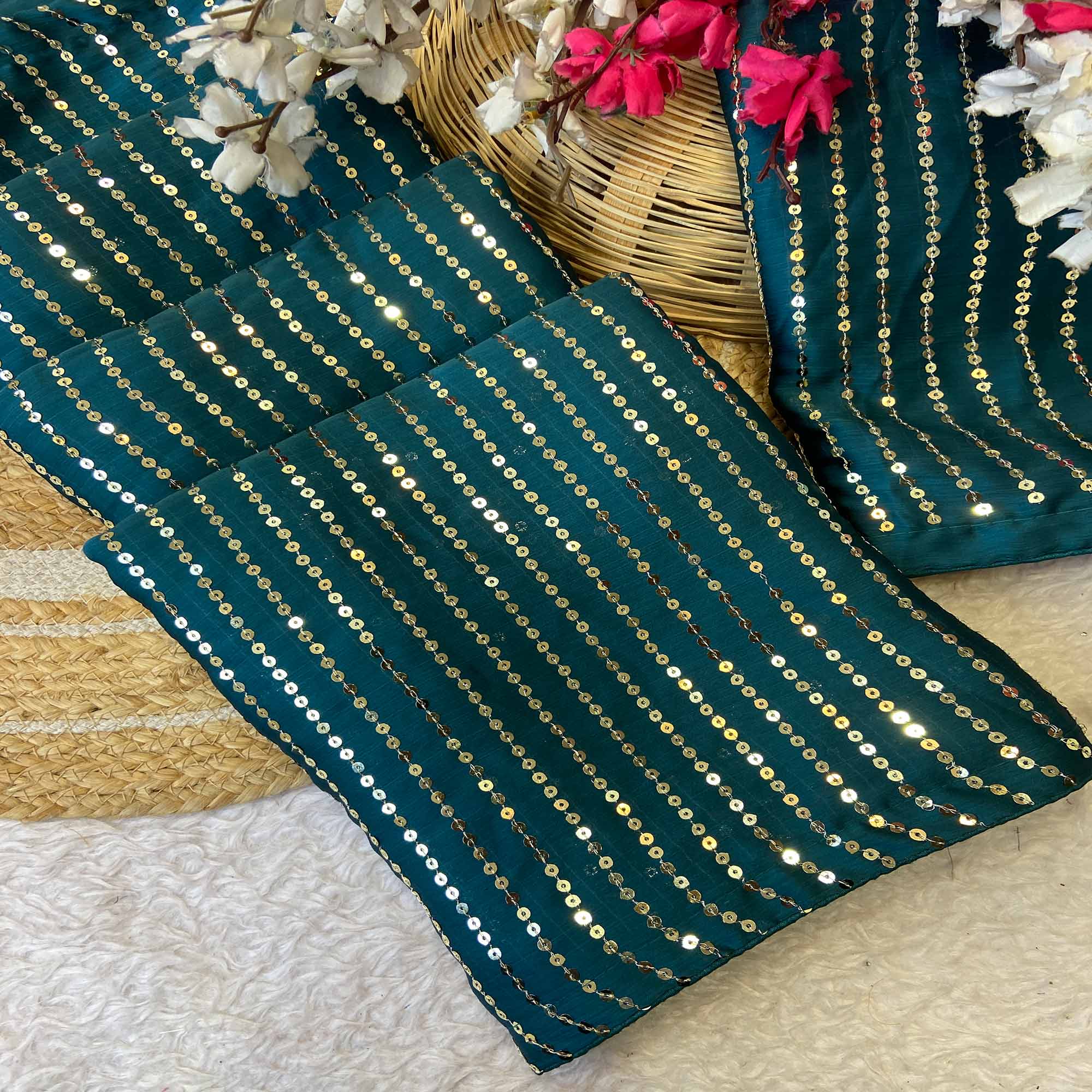 Blue Satin Saree With Shimmering Striped Sequins Embroidered Detailing