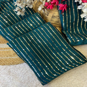 Blue Satin Saree With Shimmering Striped Sequins Embroidered Detailing