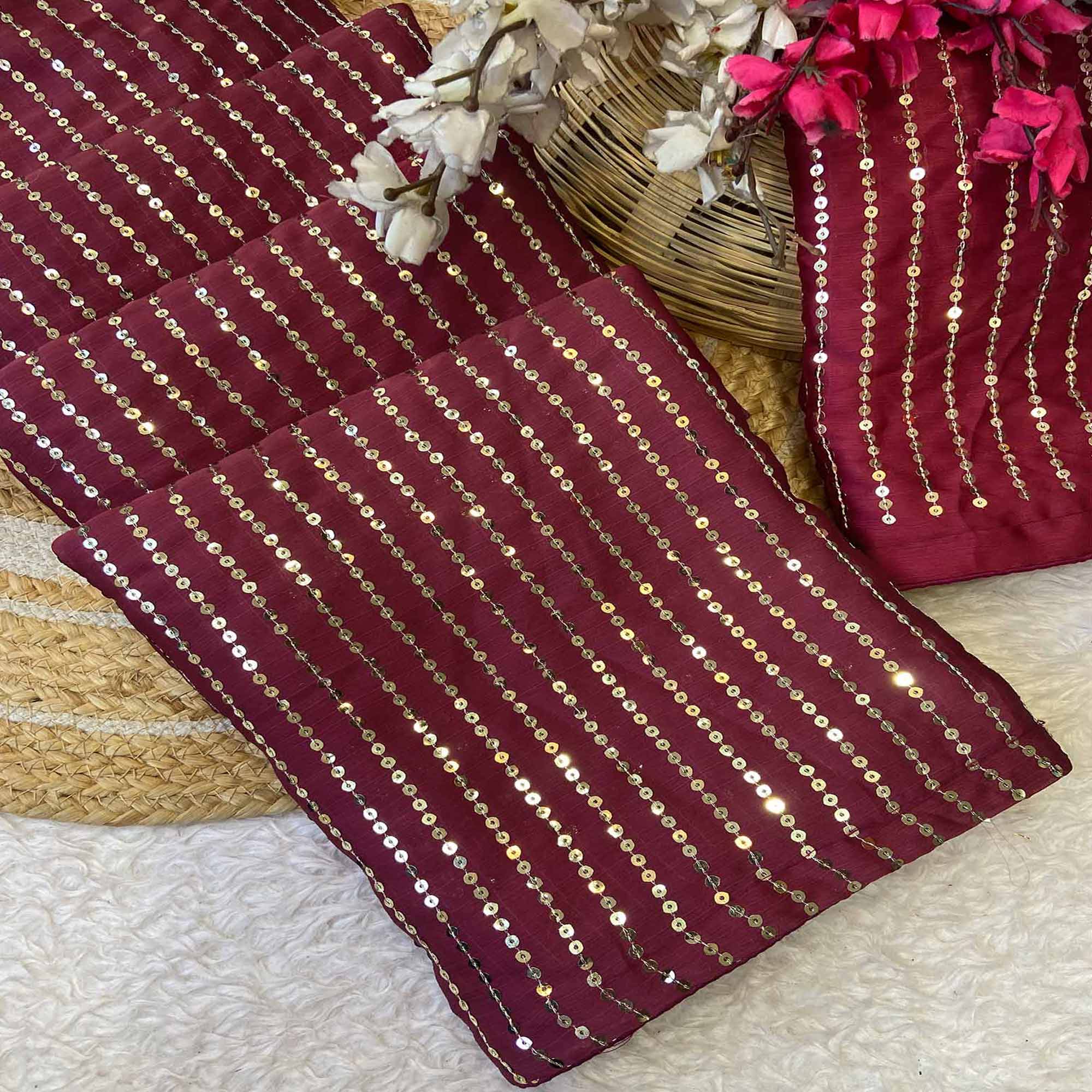 Maroon Satin Saree With Shimmering Striped Sequins Embroidered Detailing