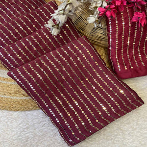Maroon Satin Saree With Shimmering Striped Sequins Embroidered Detailing