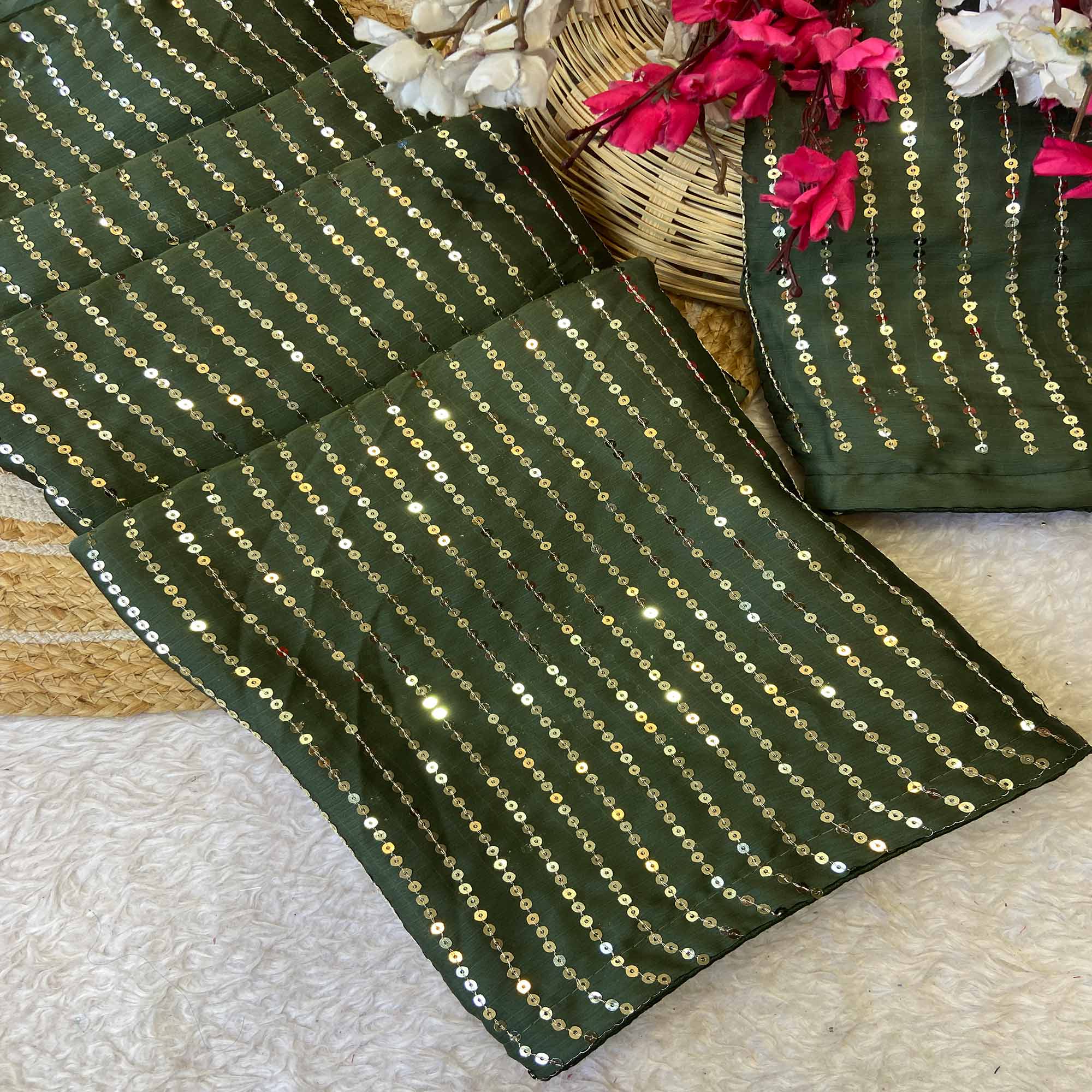 Mehendi Green Satin Saree With Shimmering Striped Sequins Embroidered Detailing