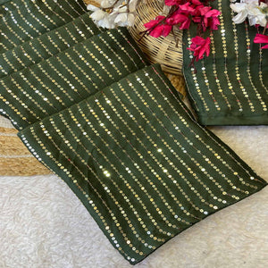 Mehendi Green Satin Saree With Shimmering Striped Sequins Embroidered Detailing