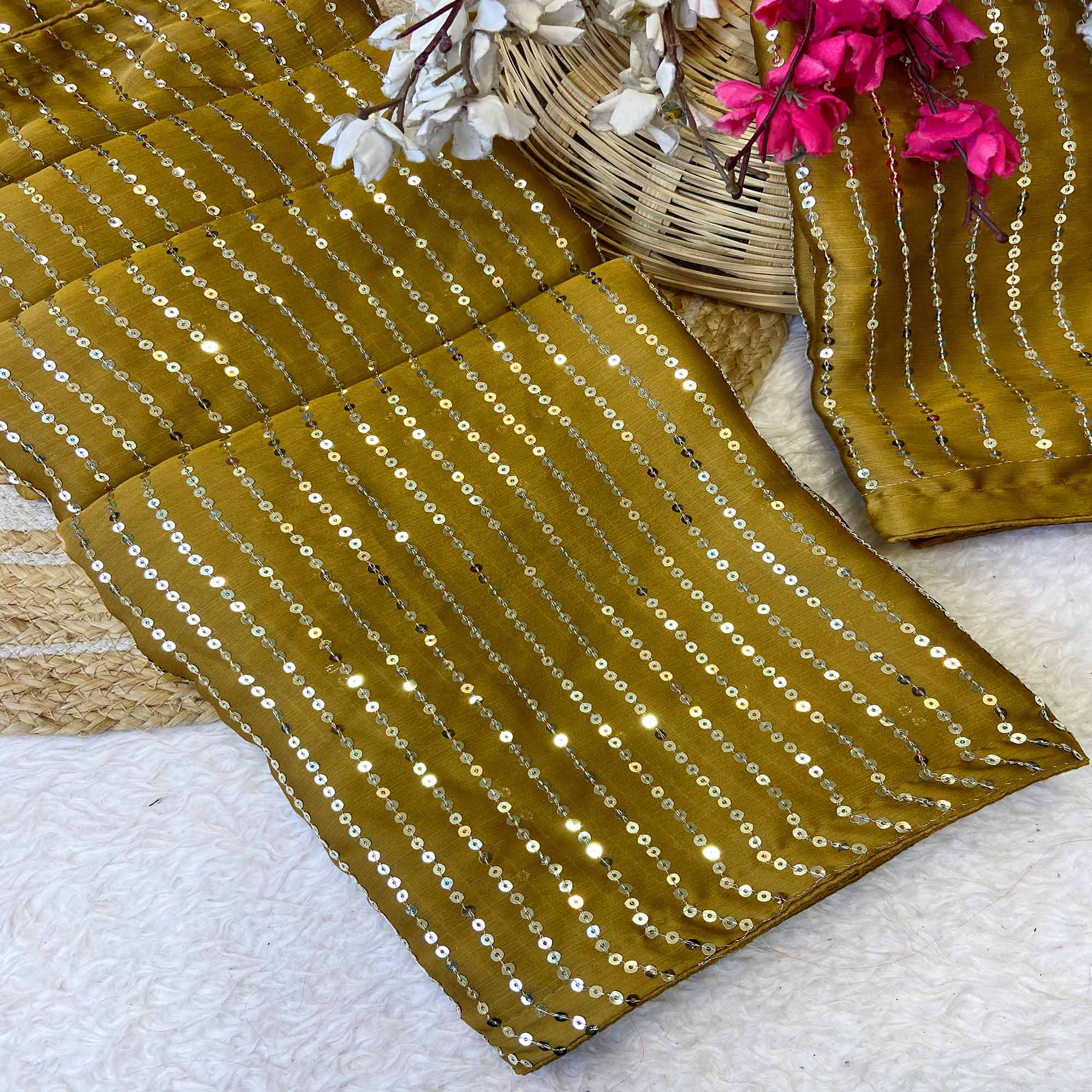 Mustard Satin Saree With Shimmering Striped Sequins Embroidered Detailing