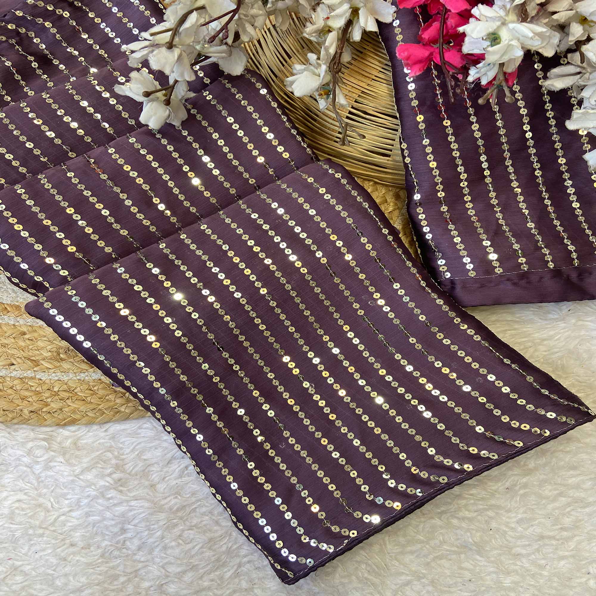 Purple Satin Saree With Shimmering Striped Sequins Embroidered Detailing