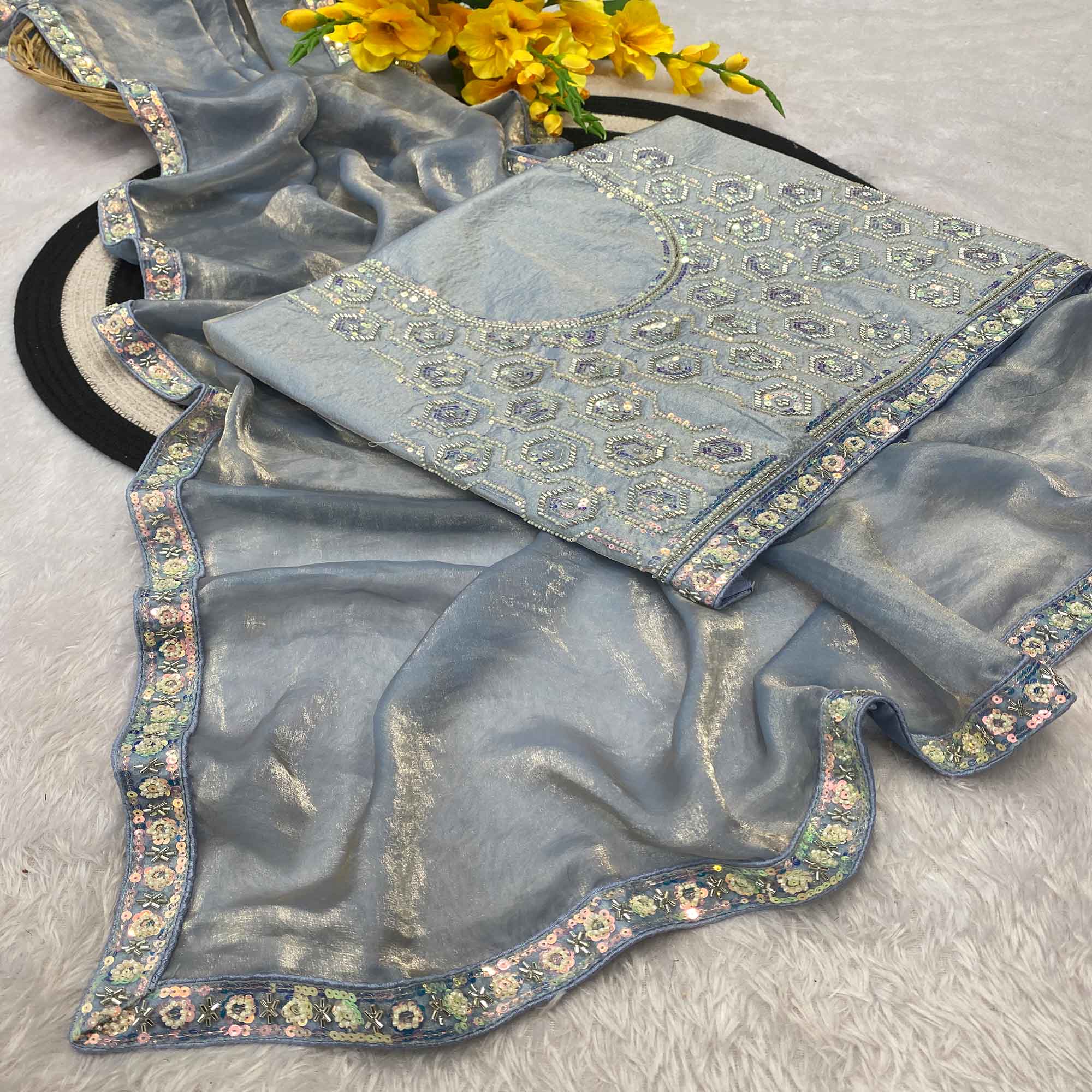 Grey Satin Saree Featuring Detailed Beads & Sequins Embroidery For A Radiant Look