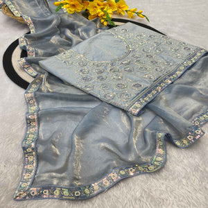 Grey Satin Saree Featuring Detailed Beads & Sequins Embroidery For A Radiant Look