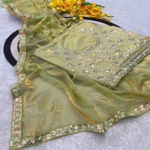 Pista Green Satin Saree Featuring Detailed Beads & Sequins Embroidery For A Radiant Look