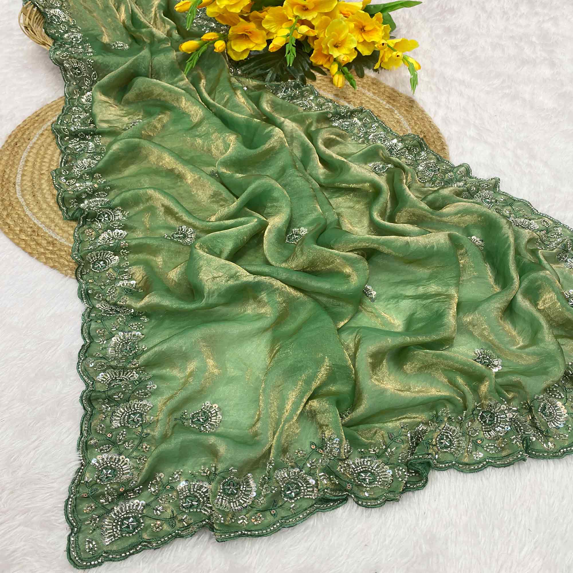 Green Satin Saree With Intricate Floral Beads & Cutdana With Sequins Embroidery Work
