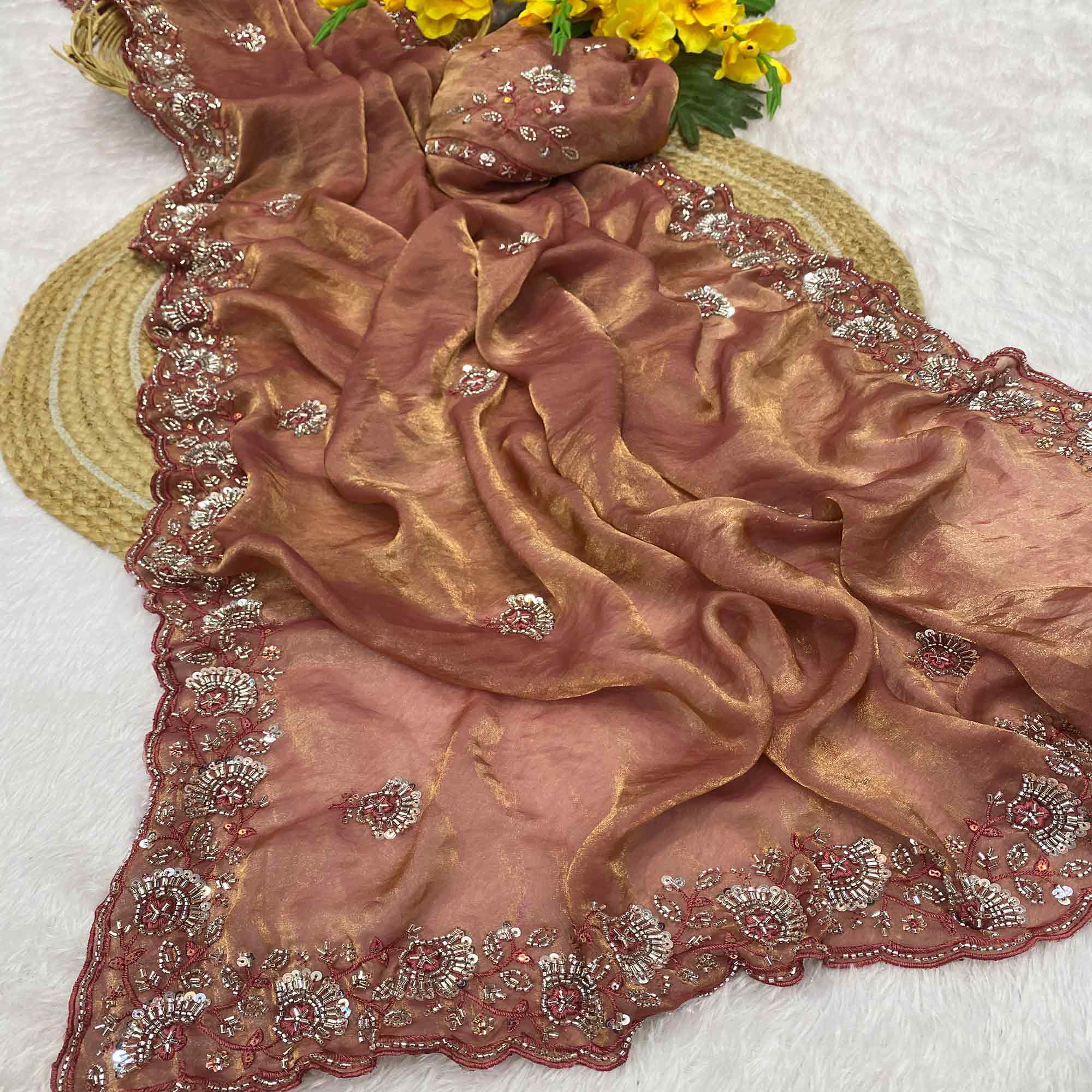 Rust Satin Saree With Intricate Floral Beads & Cutdana With Sequins Embroidery Work