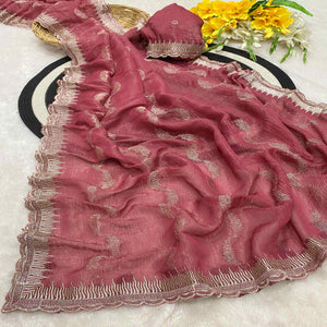 Pink Crunchy Chiffon Silk Saree Delicate Thread Motifs Ethnic Elegance