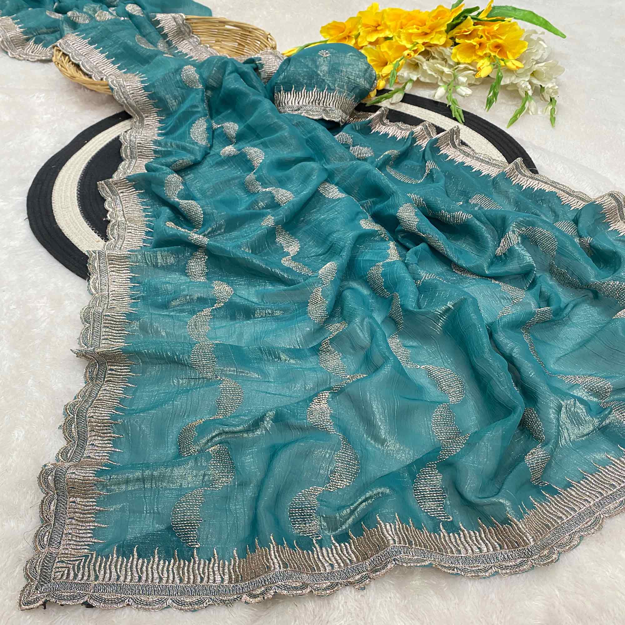 Turquoise Crunchy Chiffon Silk Saree Delicate Thread Motifs Ethnic Elegance