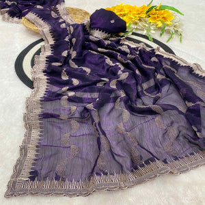 Violet Crunchy Chiffon Silk Saree Delicate Thread Motifs Ethnic Elegance