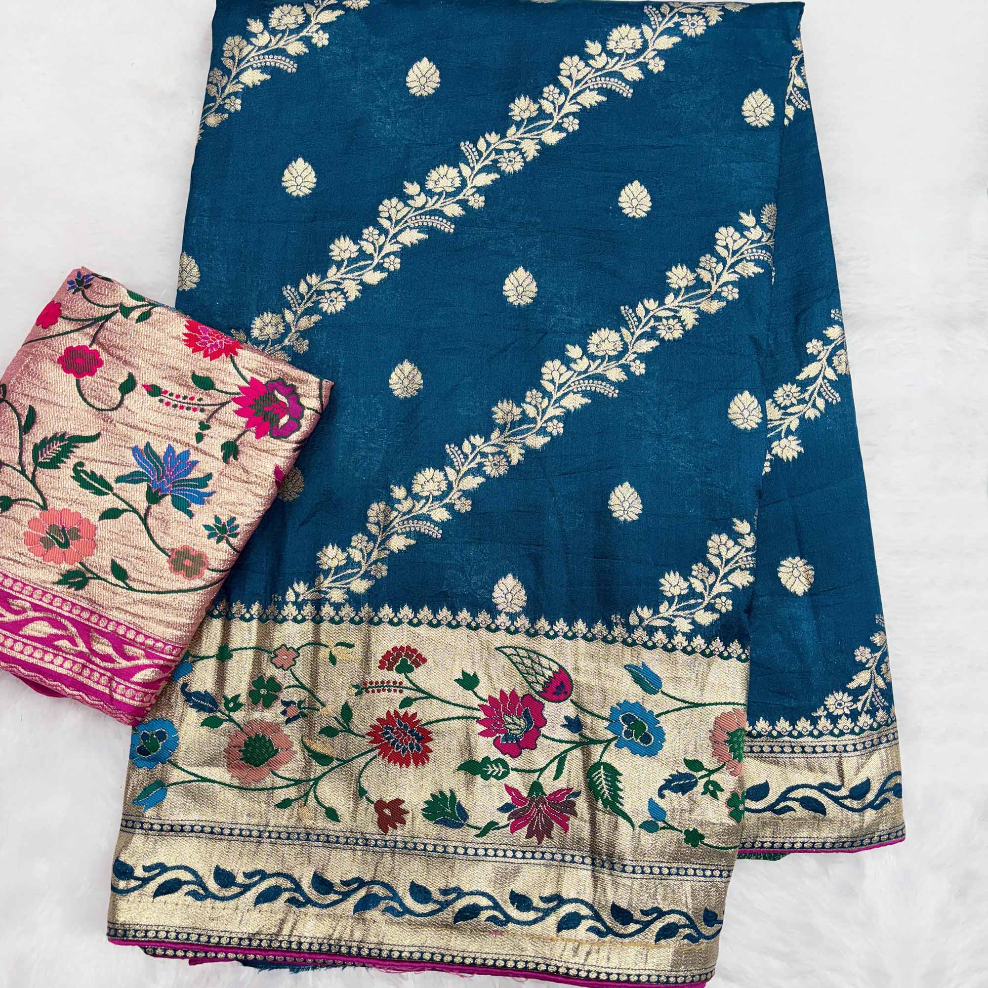 Blue Dola Silk Saree With Rich Floral Zari Weaving & Classic Elegance