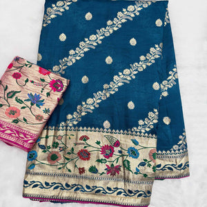 Blue Dola Silk Saree With Rich Floral Zari Weaving & Classic Elegance