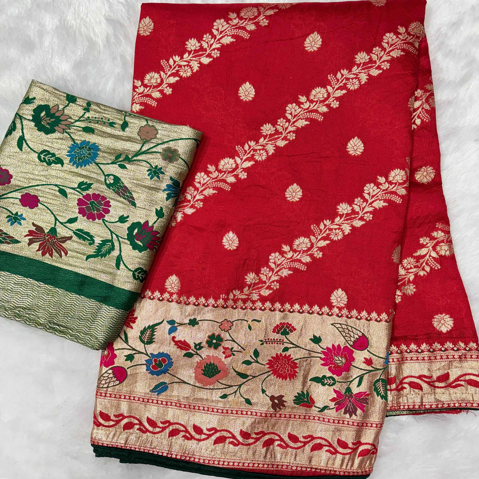 Red Dola Silk Saree With Rich Floral Zari Weaving & Classic Elegance