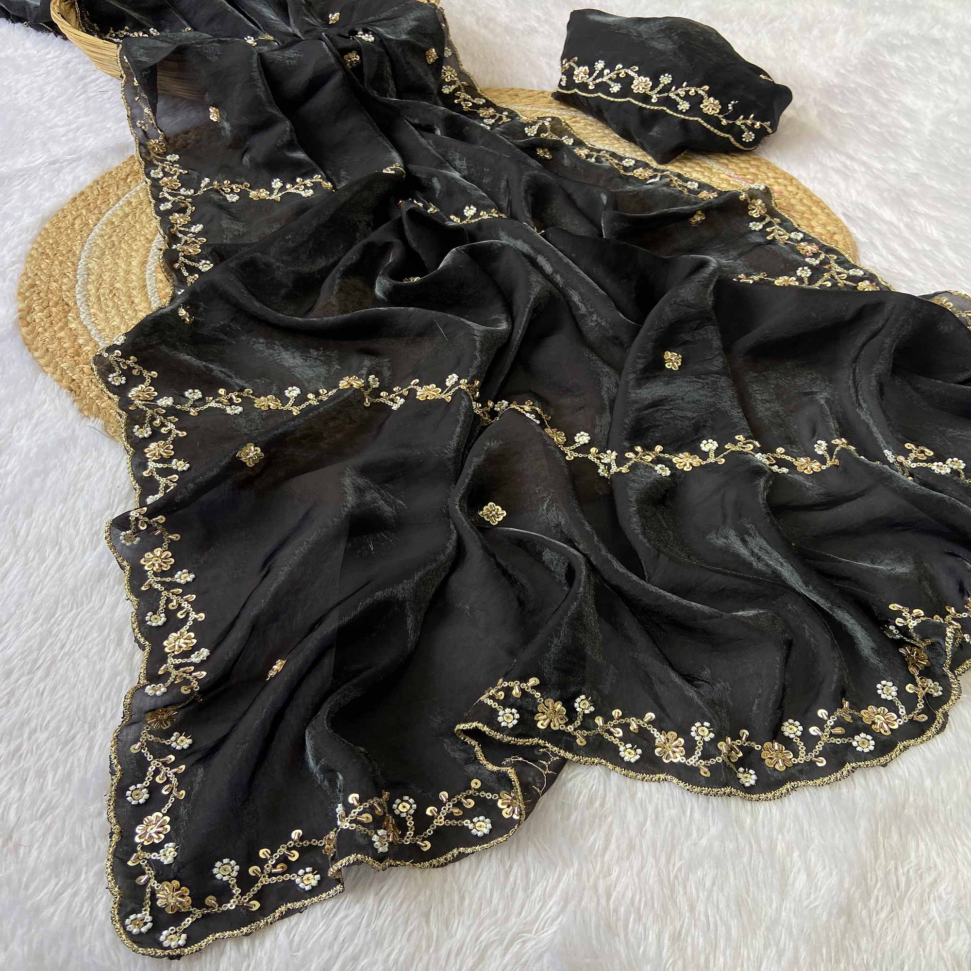 Black Satin Saree Embellished With Beads and Sequins Embroidery Work