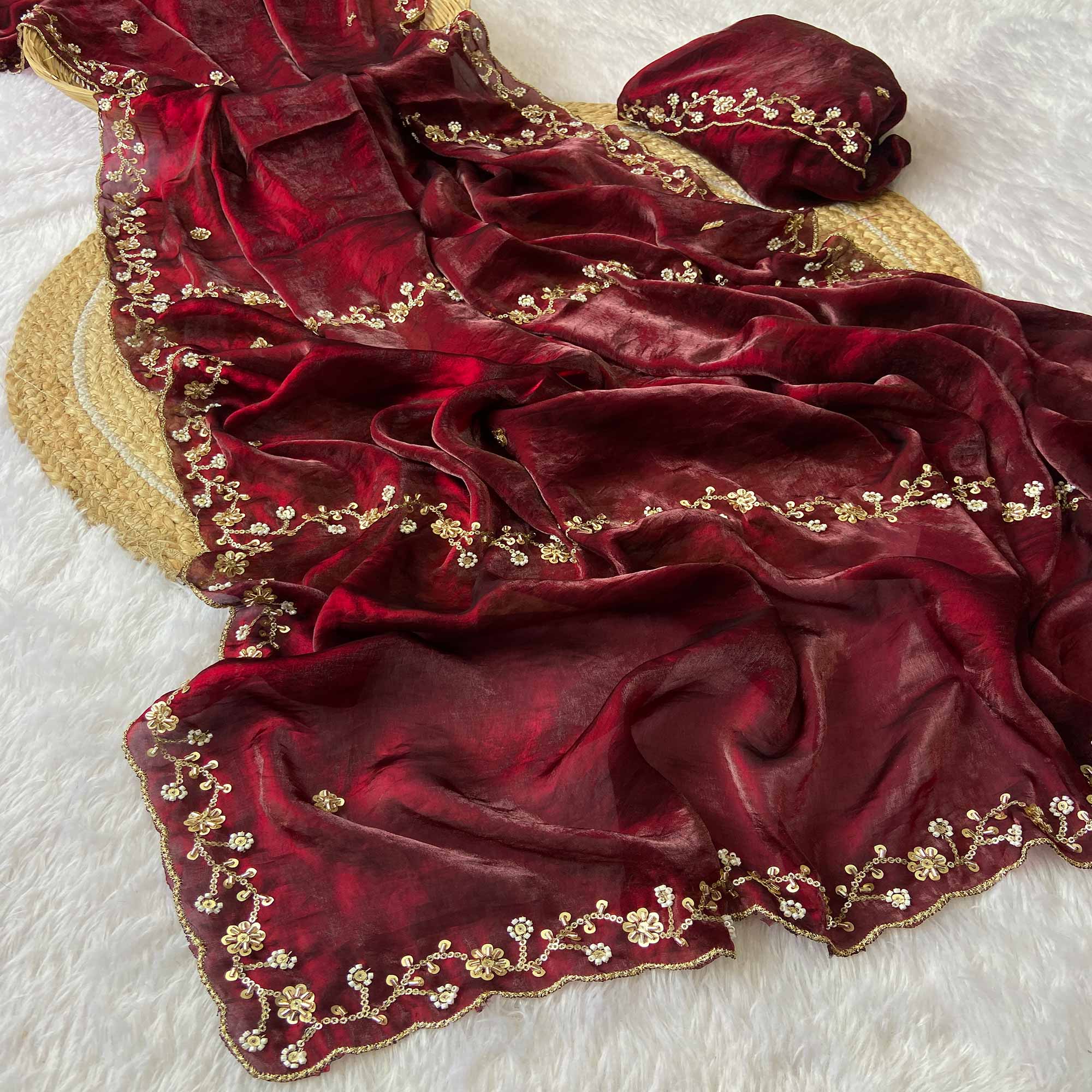 Maroon Satin Saree Embellished With Beads and Sequins Embroidery Work