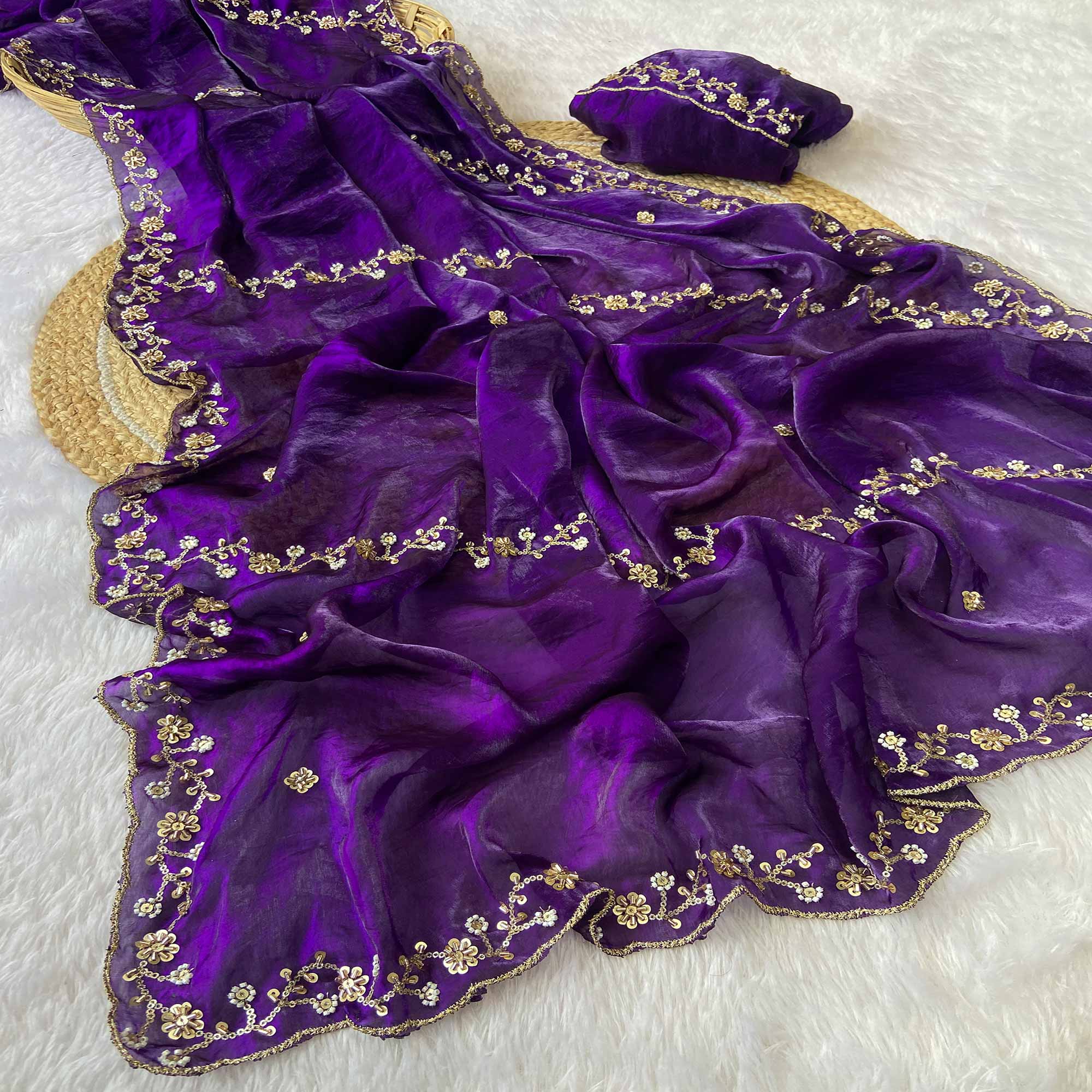Purple Satin Saree Embellished With Beads and Sequins Embroidery Work