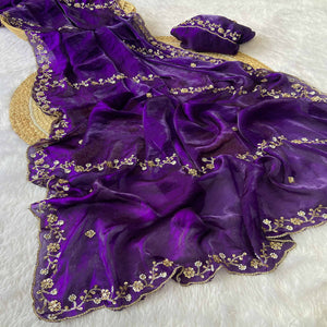 Purple Satin Saree Embellished With Beads and Sequins Embroidery Work