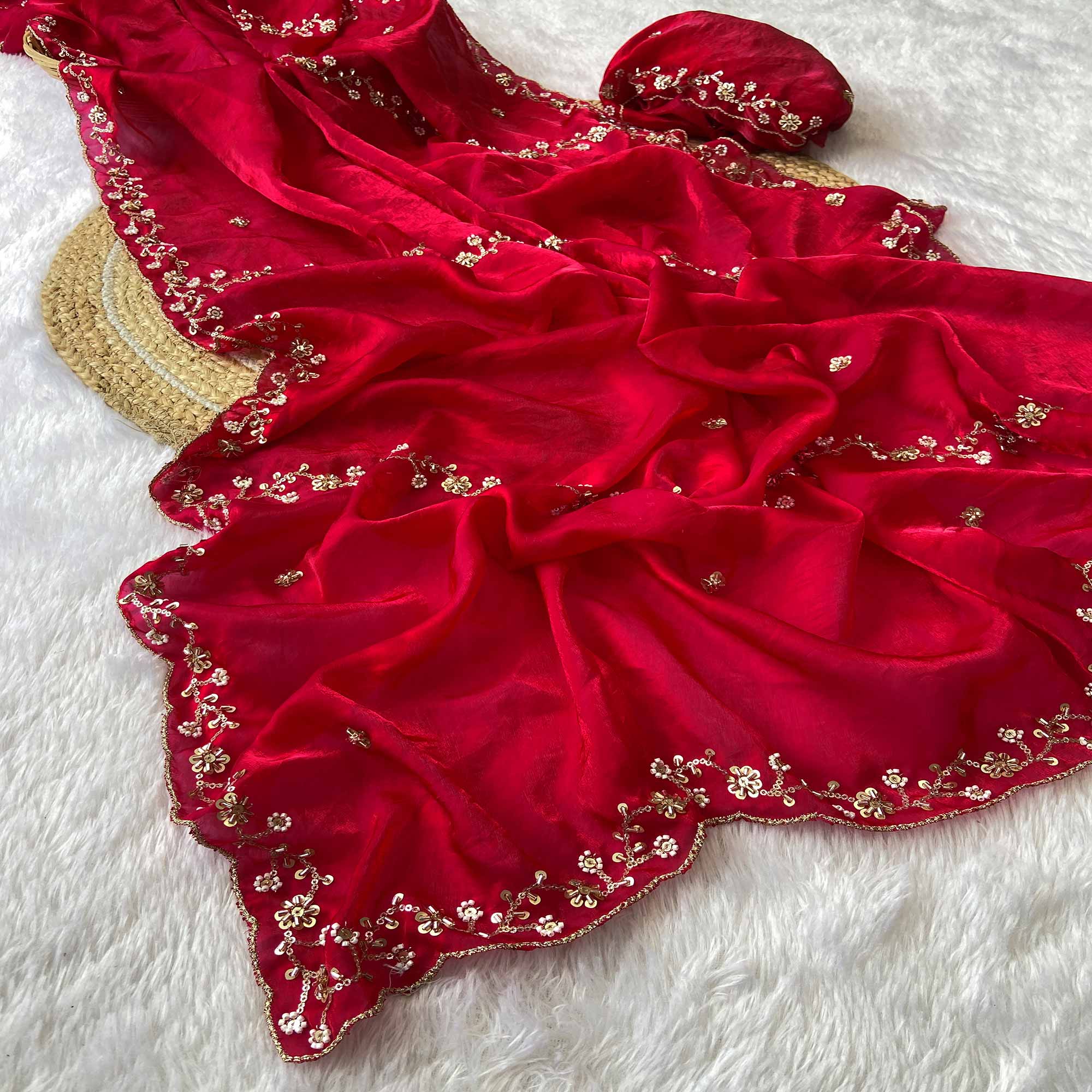 Red Satin Saree Embellished With Beads and Sequins Embroidery Work