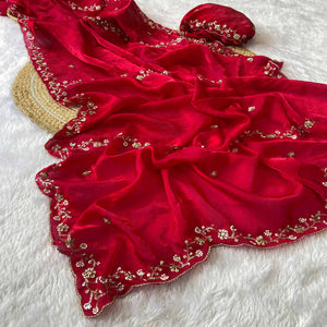 Red Satin Saree Embellished With Beads and Sequins Embroidery Work
