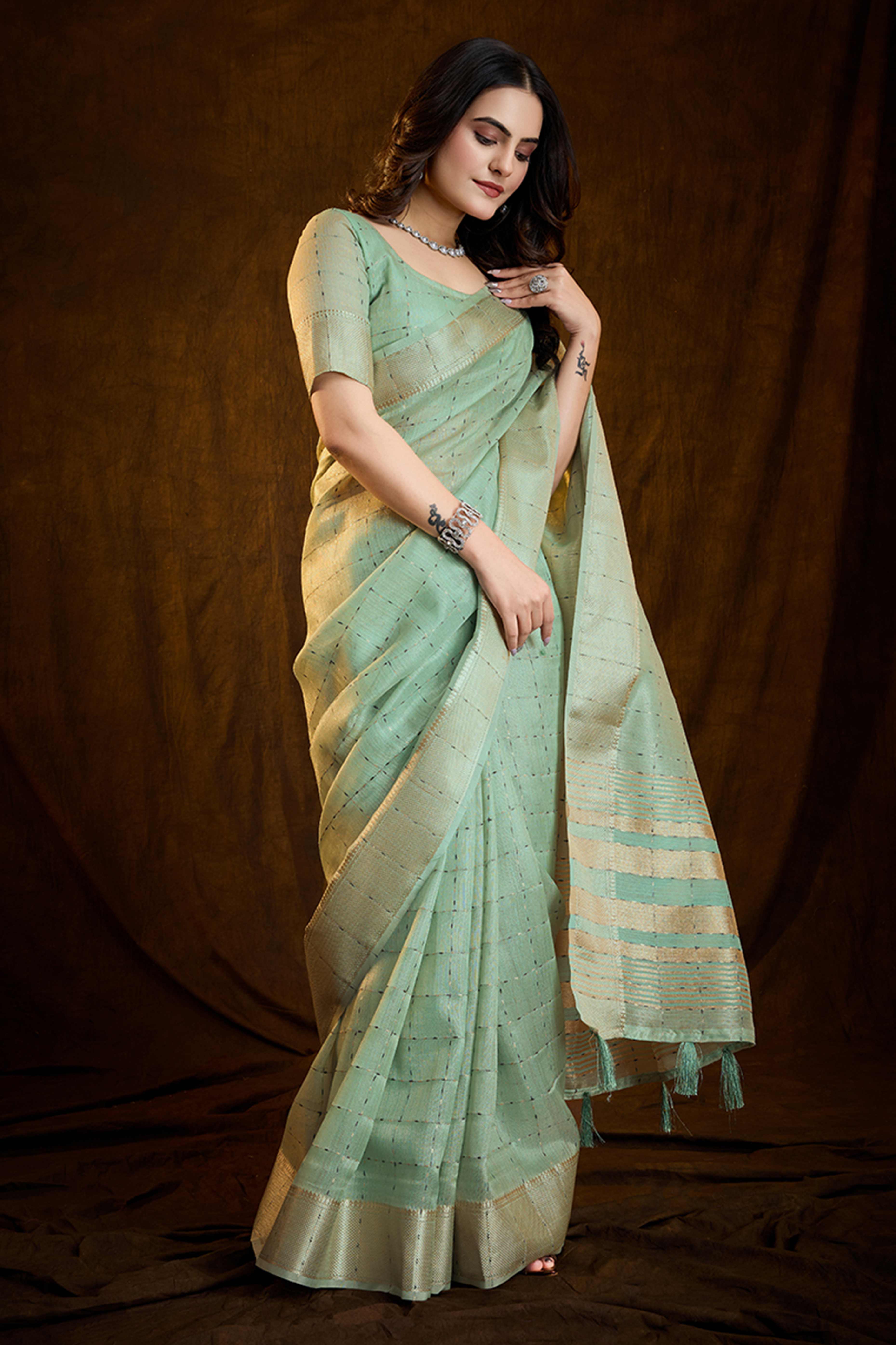 Mint Green Cotton Silk Saree with Rich Zari Weaving in Checkered Style