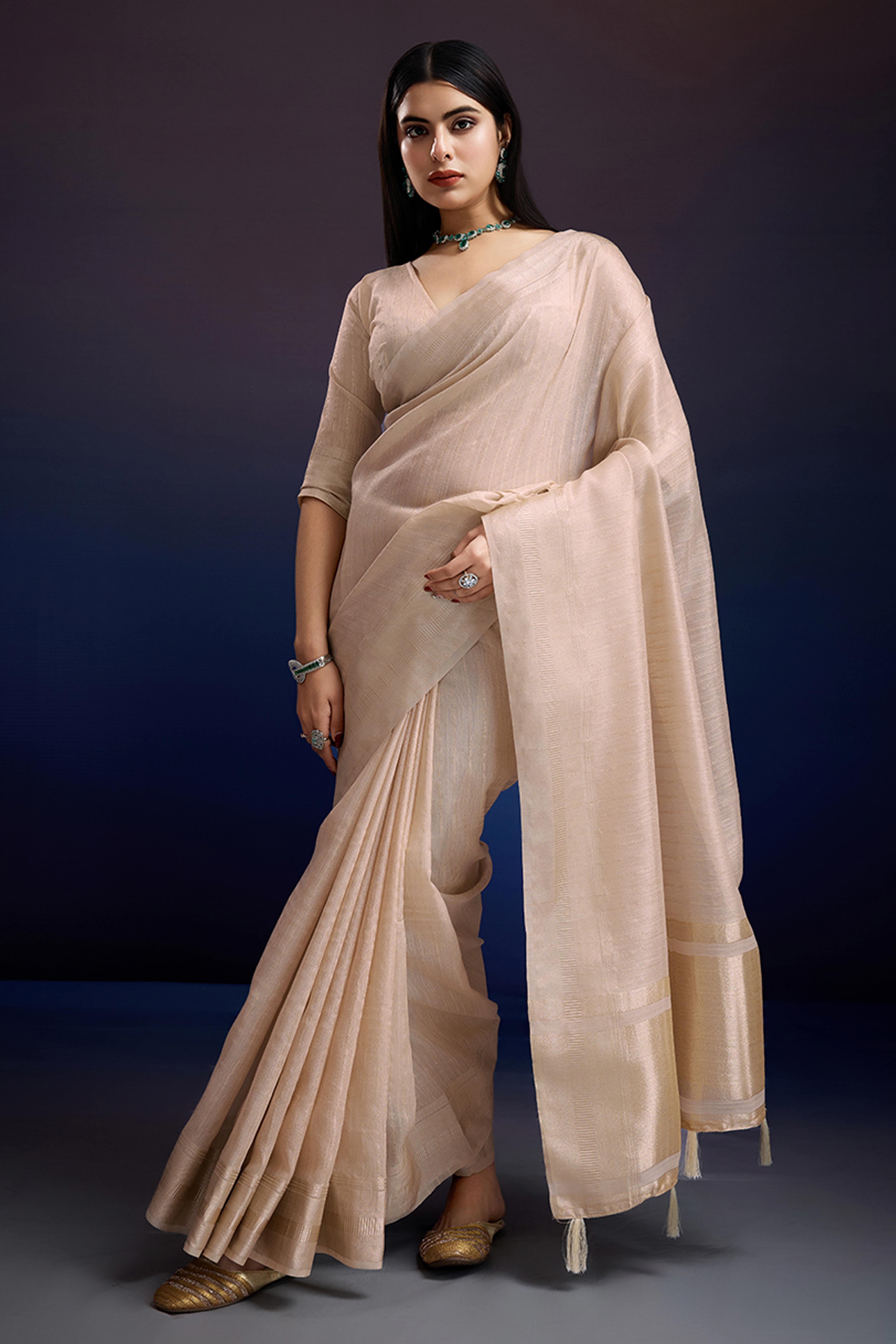 Festive Wear Beige Zari Woven Saree in Pure Linen Fabric