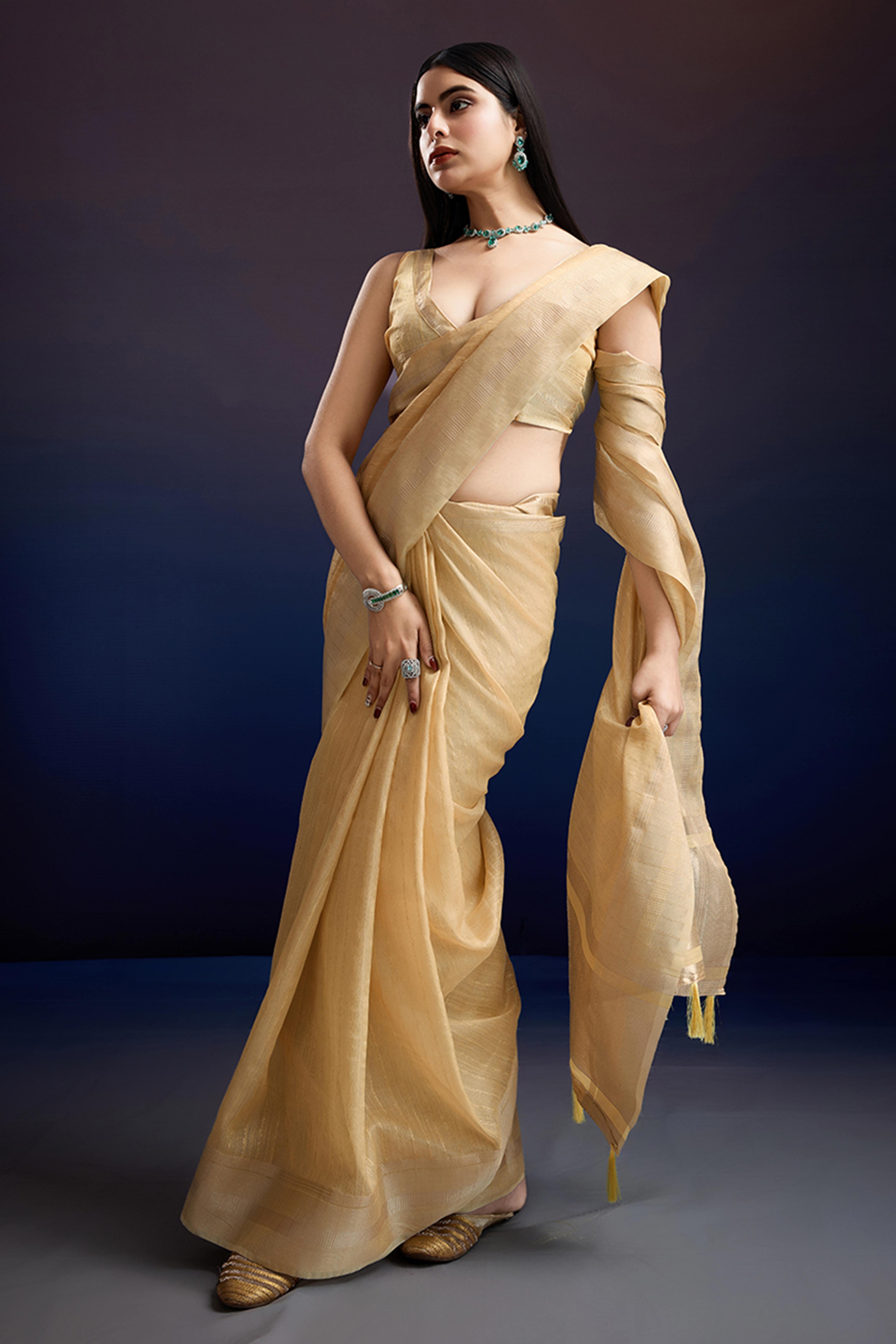 Festive Wear Yellow Zari Woven Saree in Pure Linen Fabric