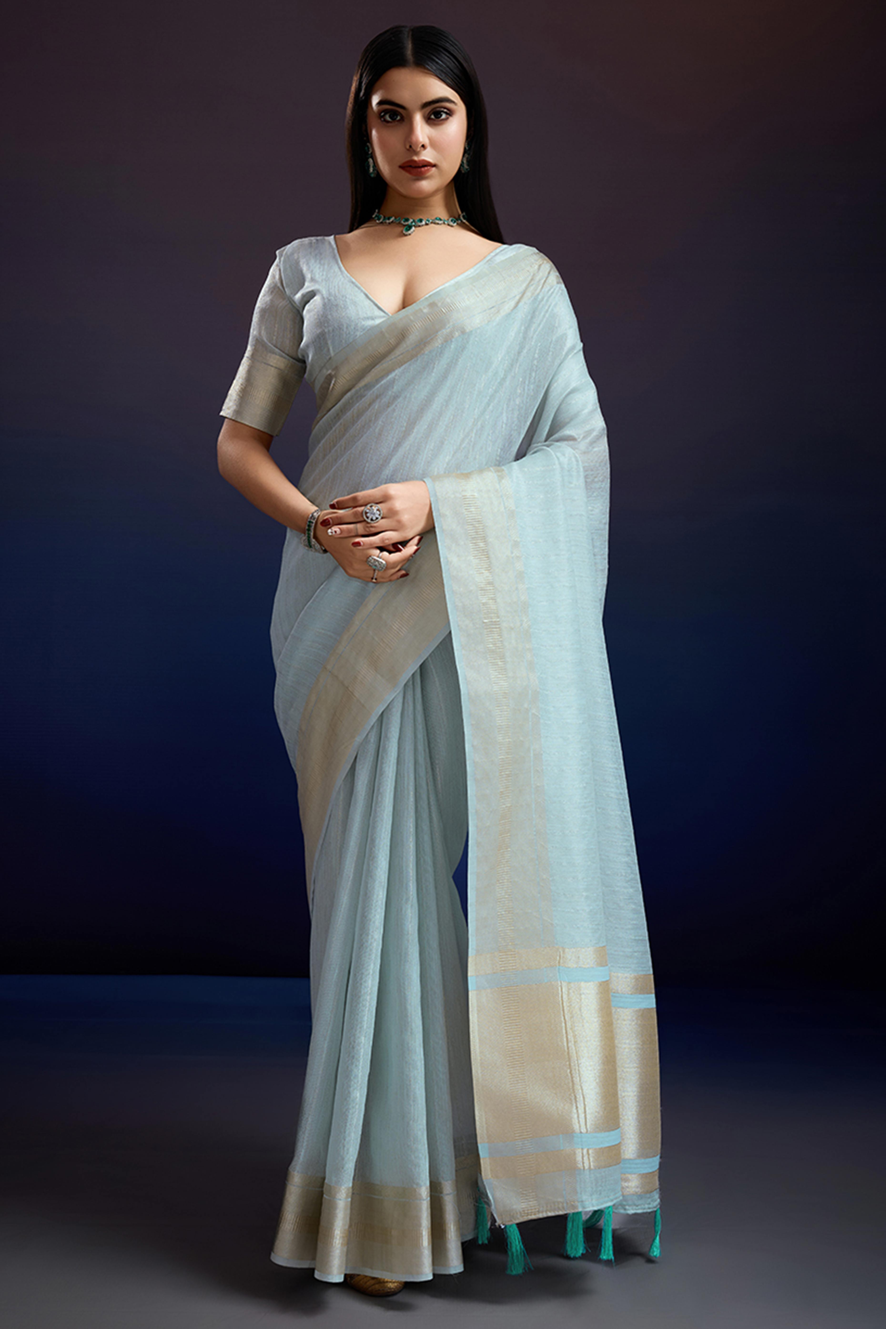 Festive Wear Blue Zari Woven Saree in Pure Linen Fabric