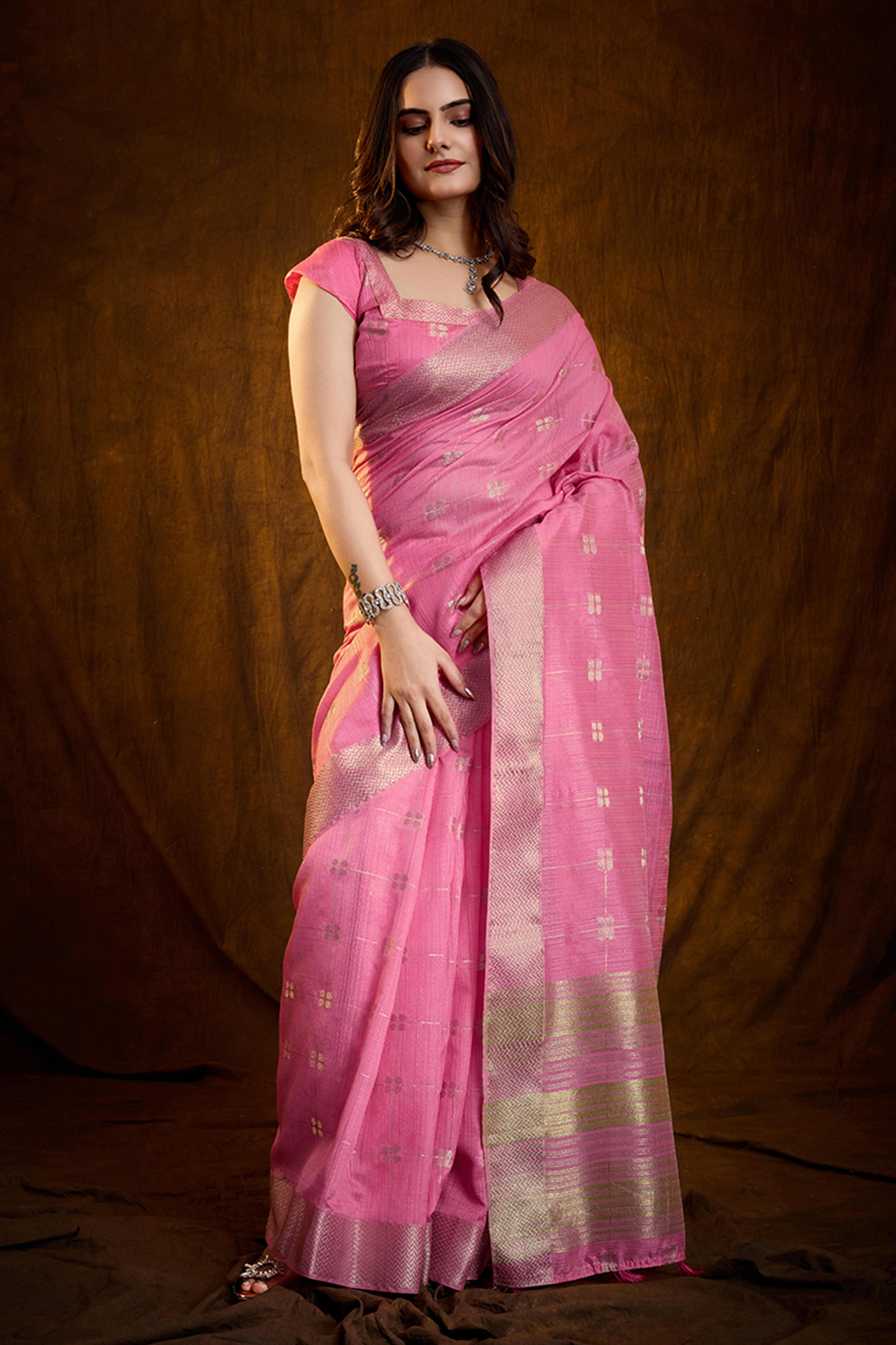 Pink Zari Woven Saree in Lustrous Cotton Silk Fabric