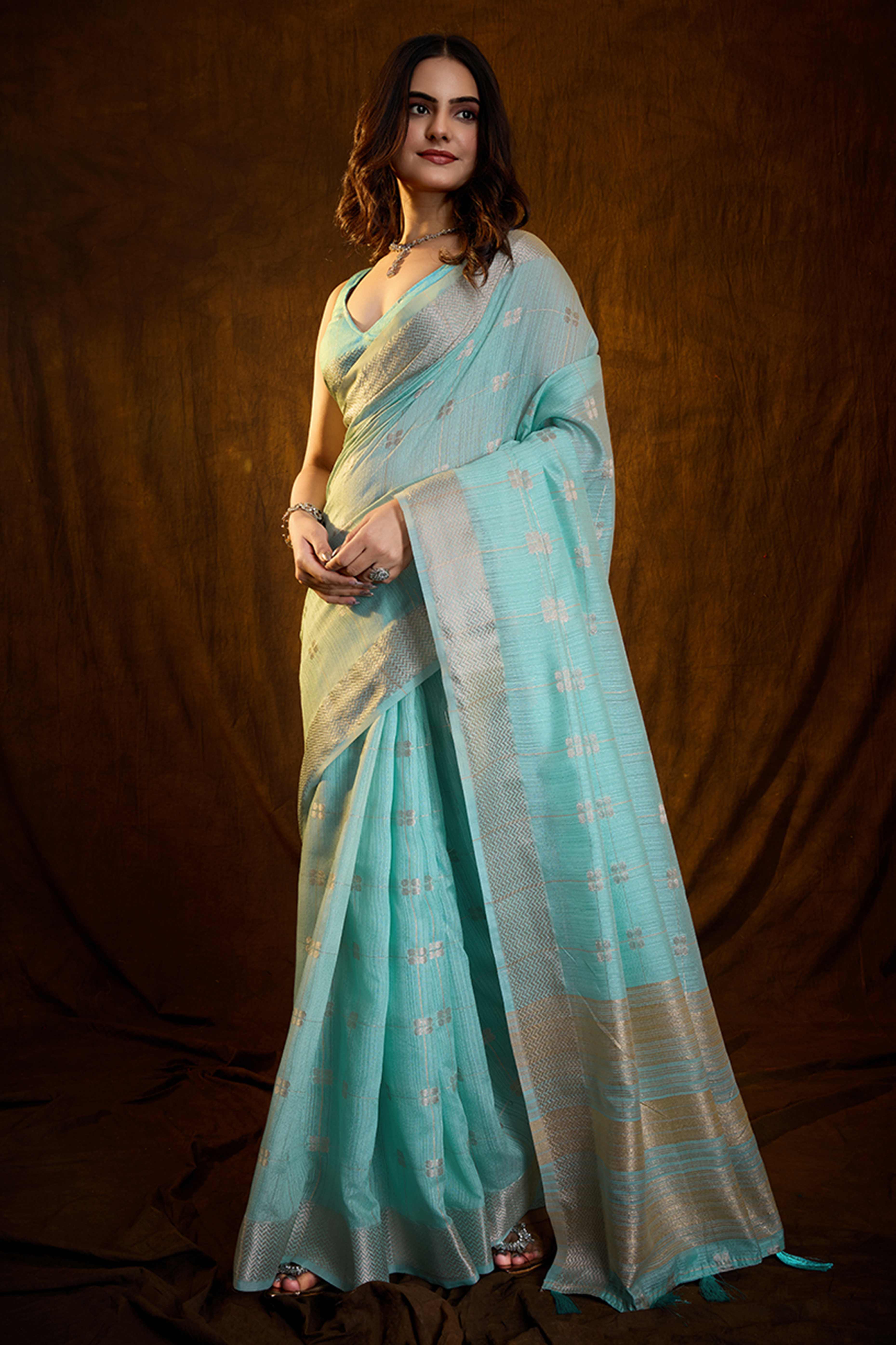 Mint Blue Zari Woven Saree in Lustrous Cotton Silk Fabric