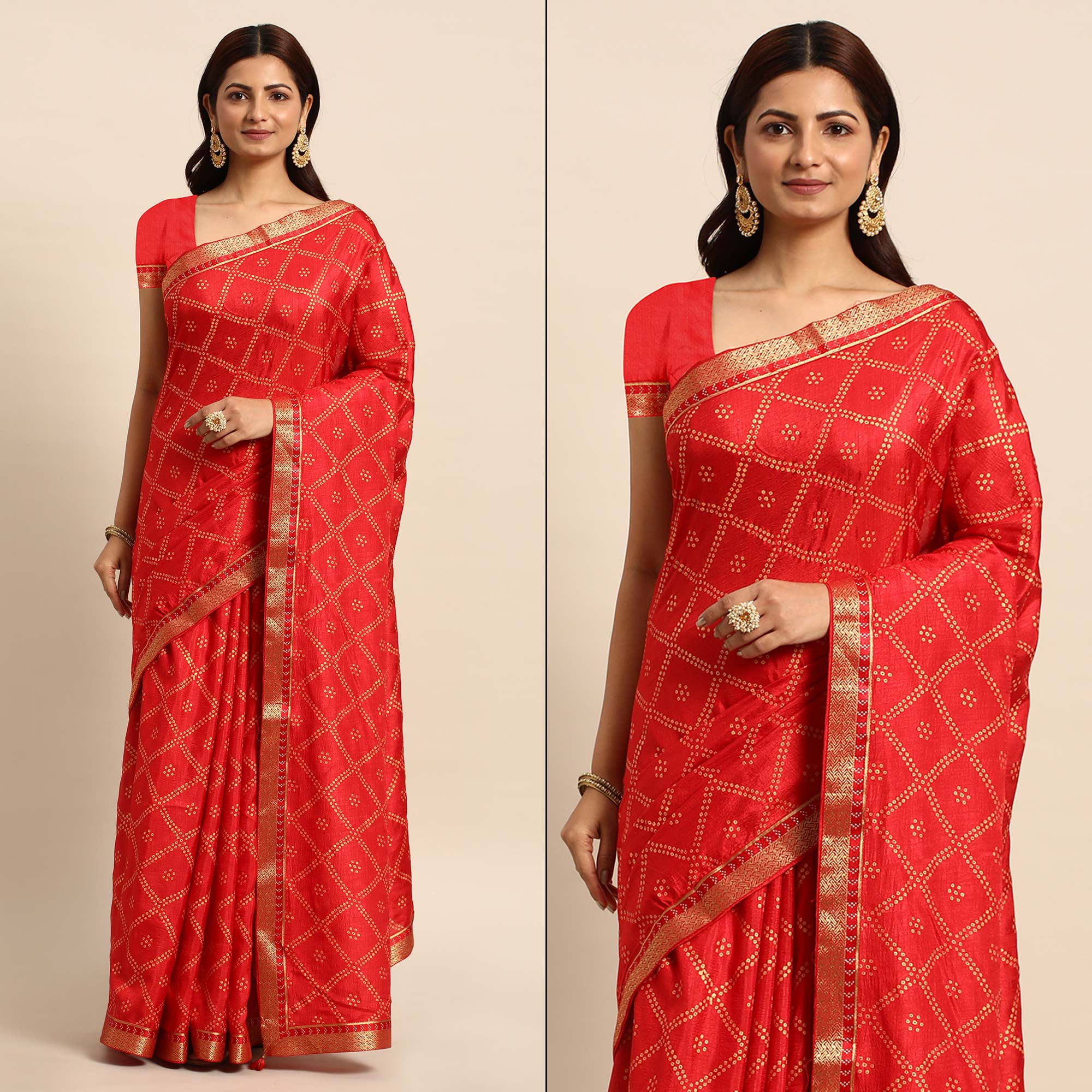 Red Bandhani Foil Printed Vichitra Silk Saree