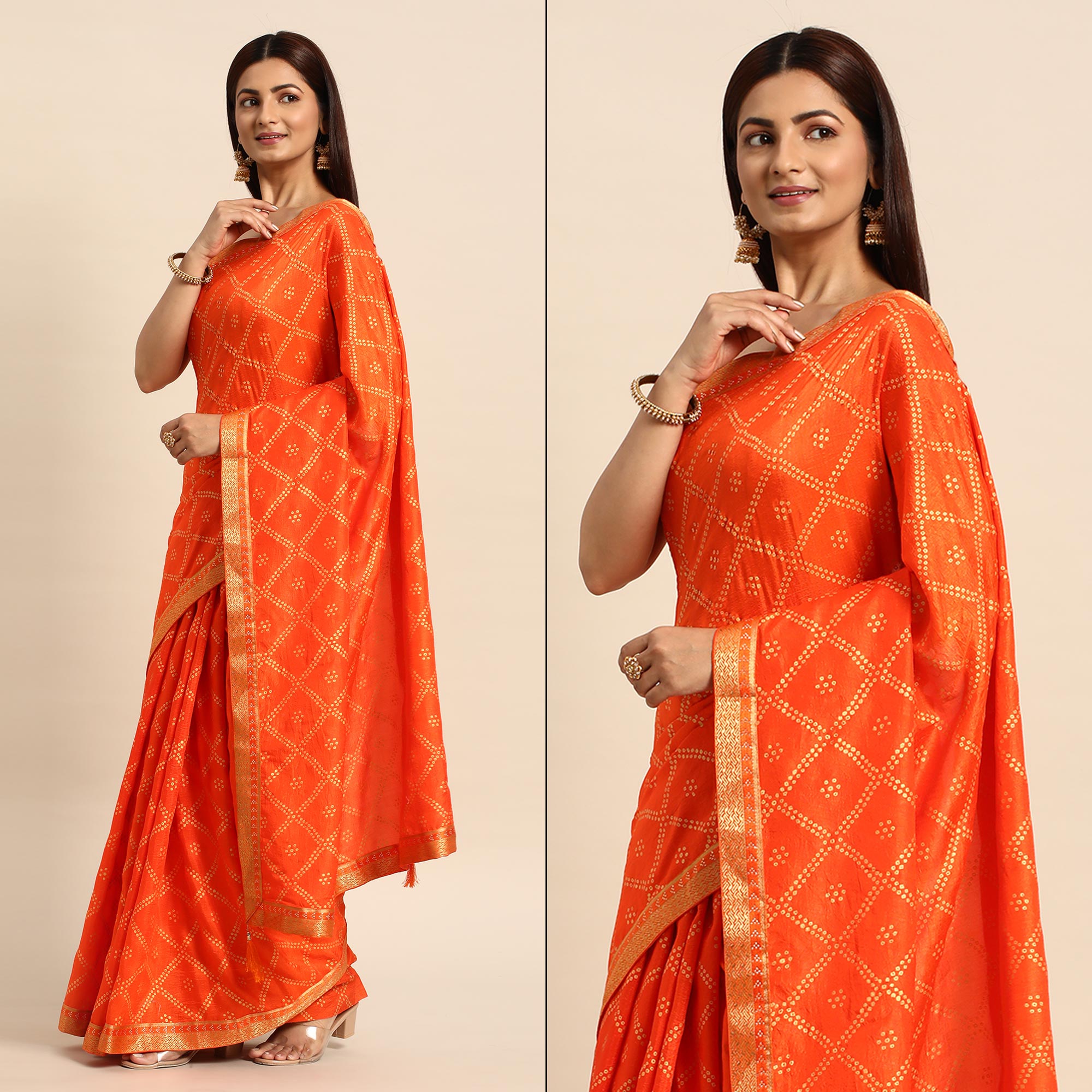 Orange Bandhani Foil Printed Vichitra Silk Saree
