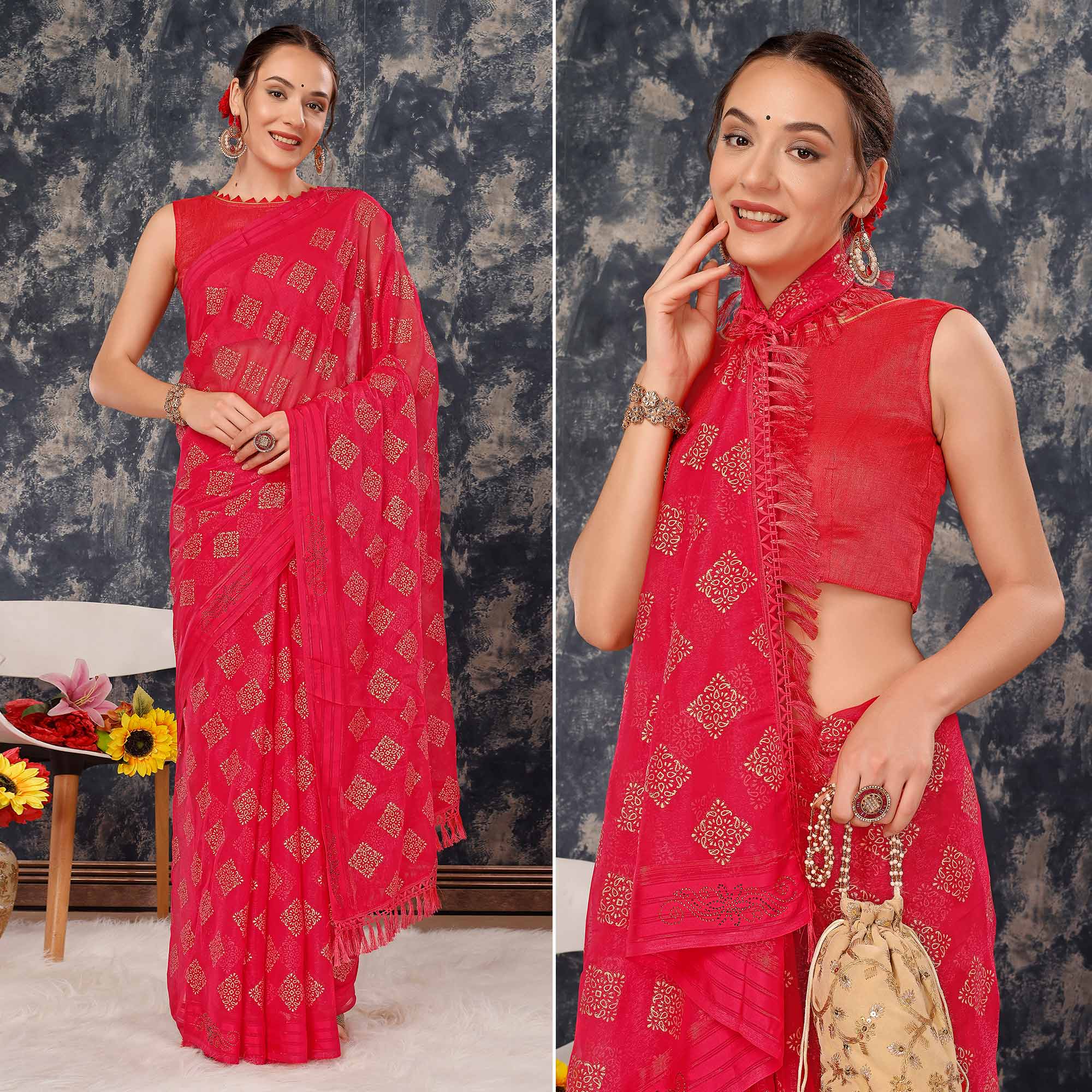 Pink Foil Printed Chiffon Saree With Tassels