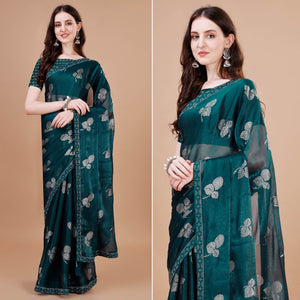 Blue Floral Foil Printed Chiffon Saree