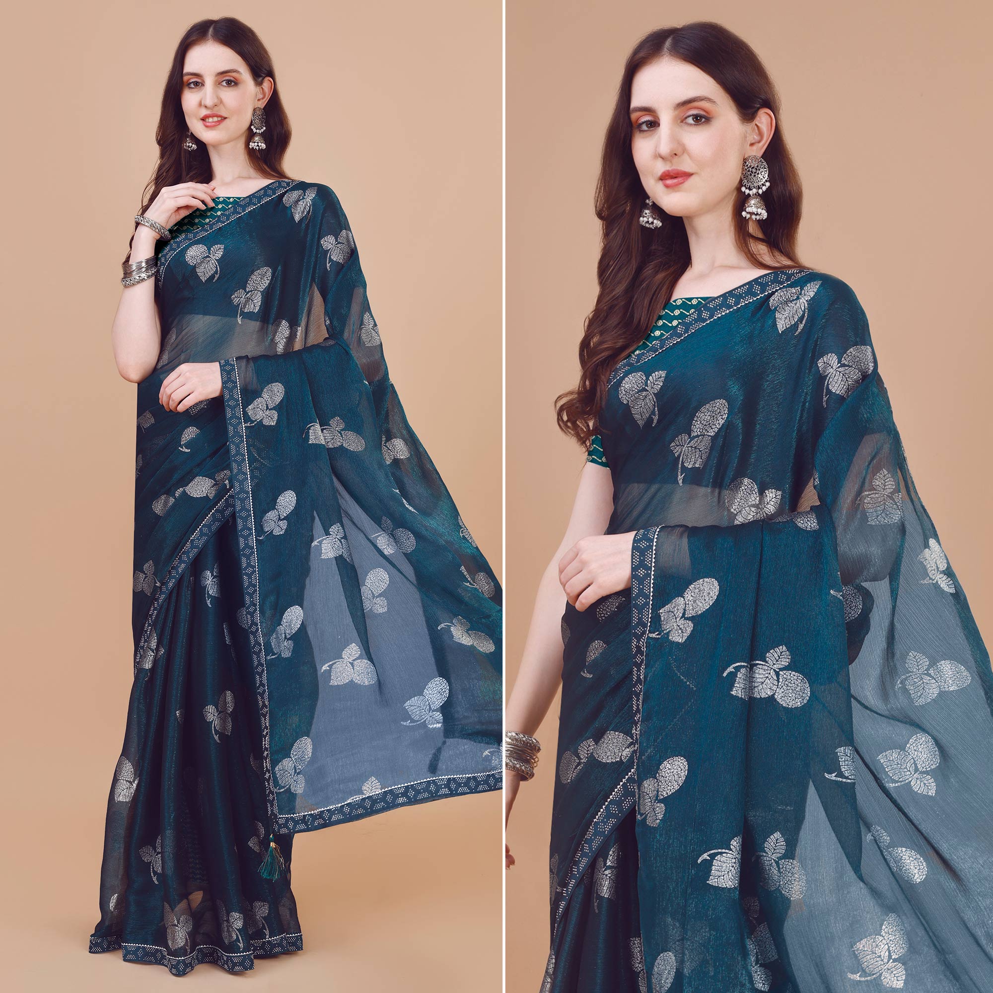 Dark Blue Floral Foil Printed Chiffon Saree