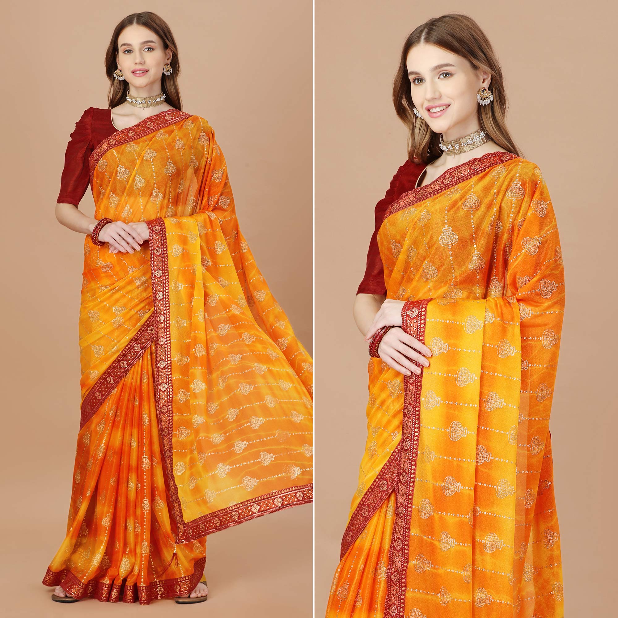 Orange Foil Printed Lycra Saree With Lace Border
