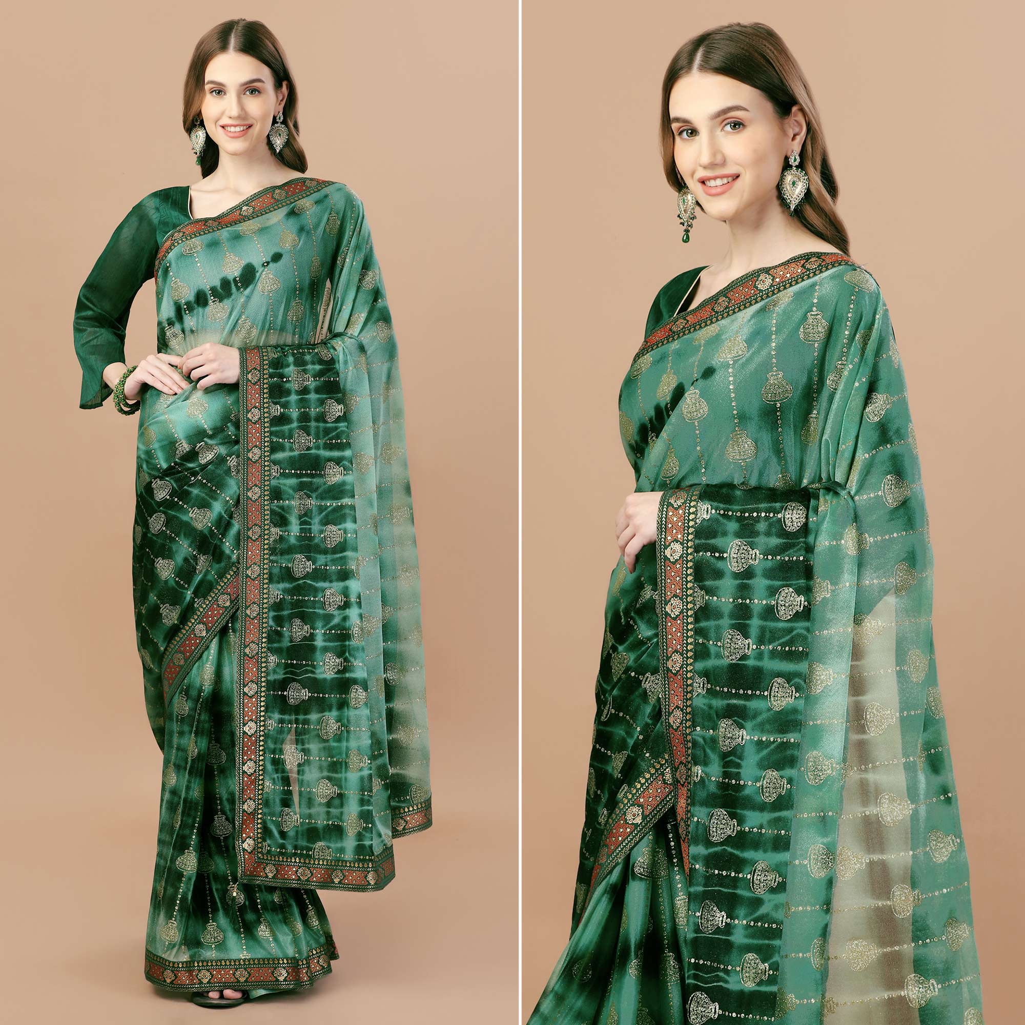 Dark Green Foil Printed Lycra Saree With Lace Border