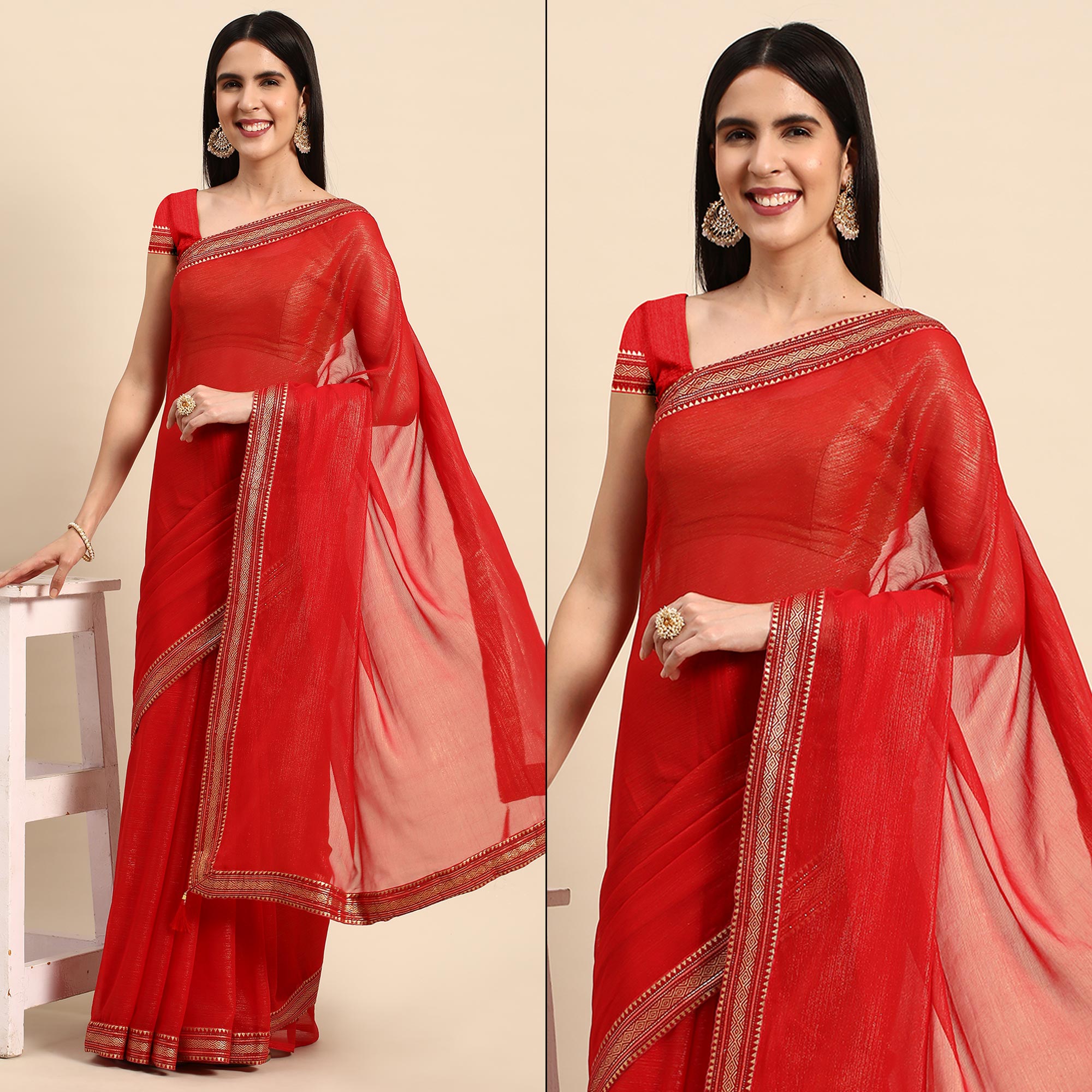 Red Solid With Woven Border Chiffon Saree With Tassels