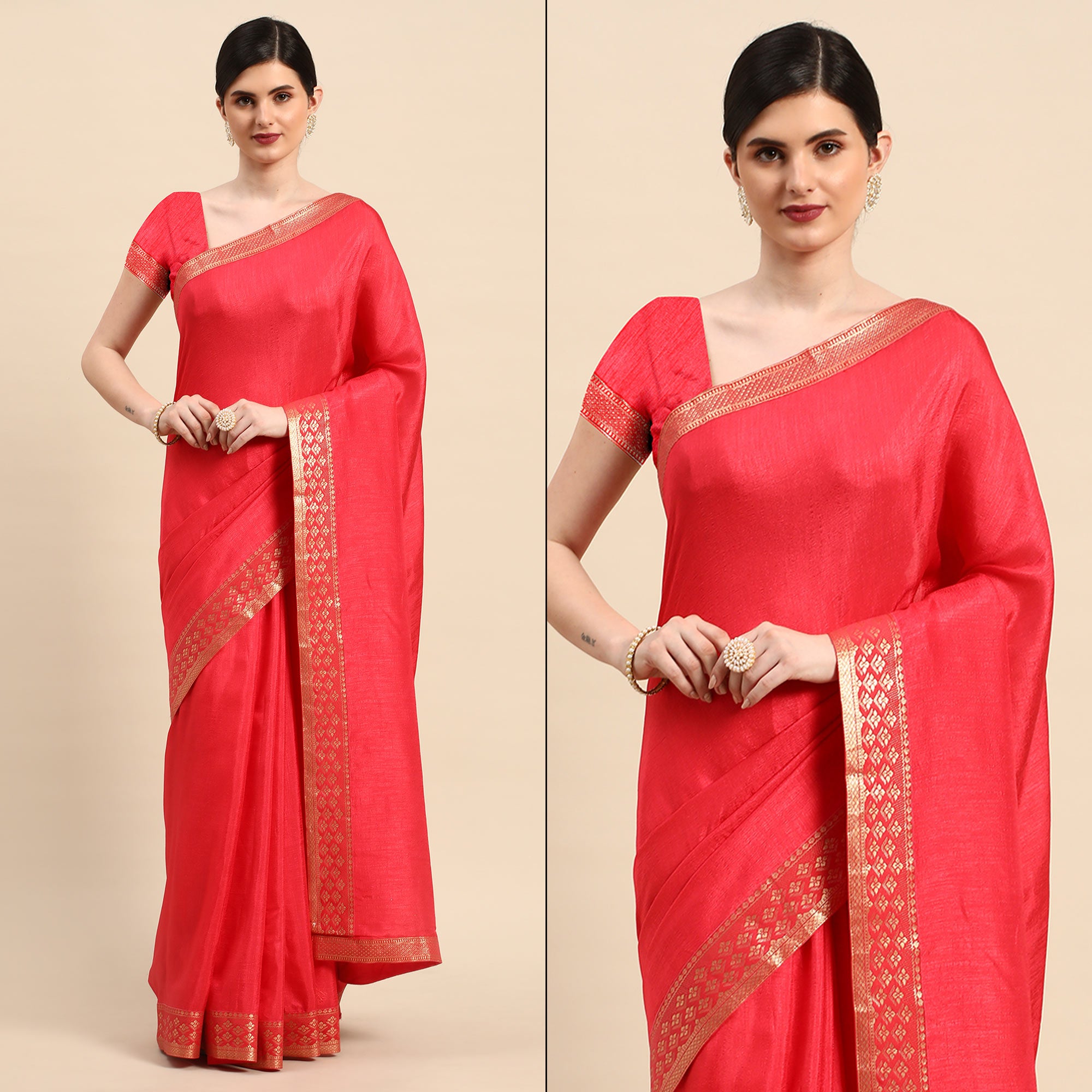 Pink Solid Vichitra Silk Saree With Zari Border