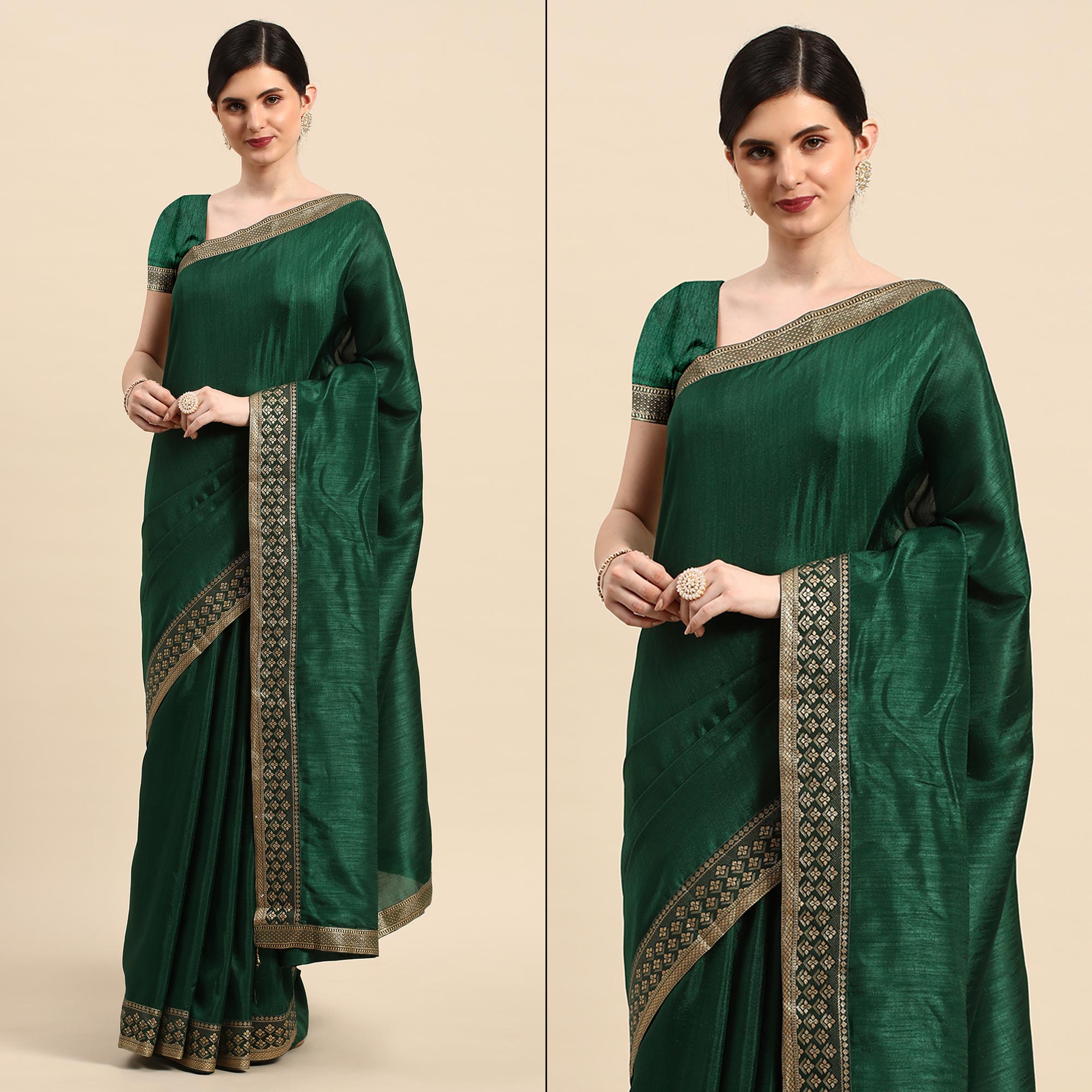 Green Solid Vichitra Silk Saree With Zari Border