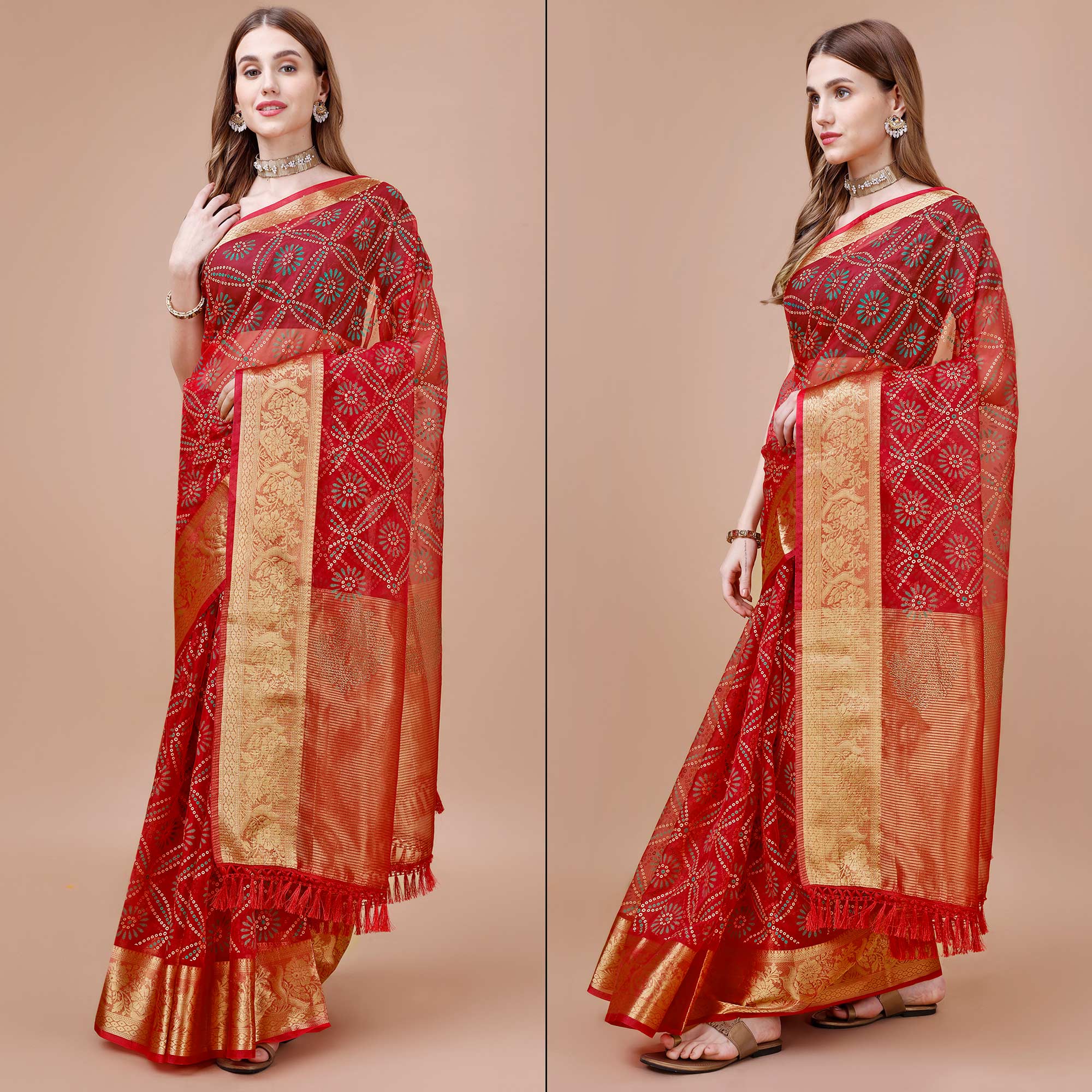 Red Bandhani Printed Organza Saree With Woven Border