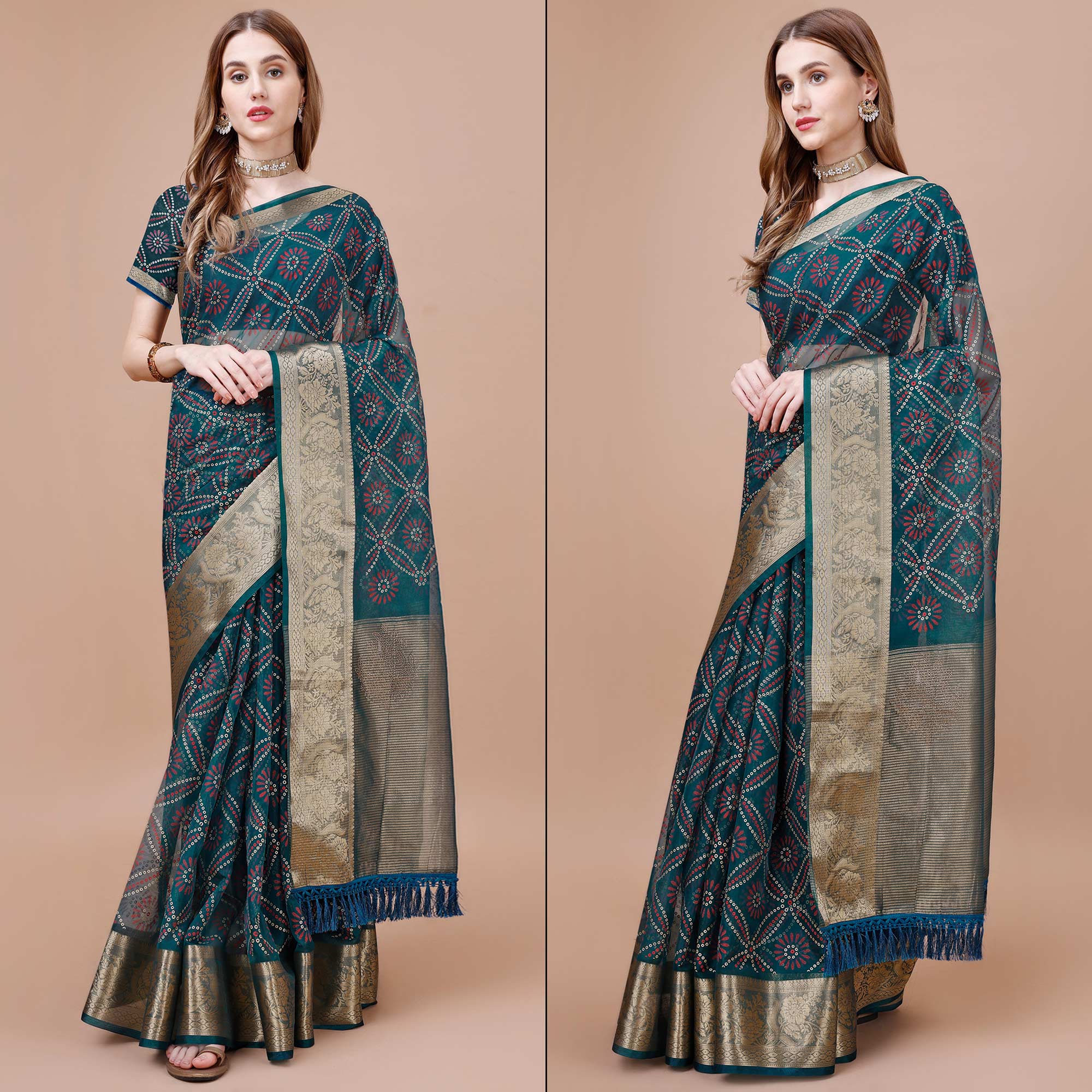 Teal Bandhani Printed Organza Saree With Woven Border