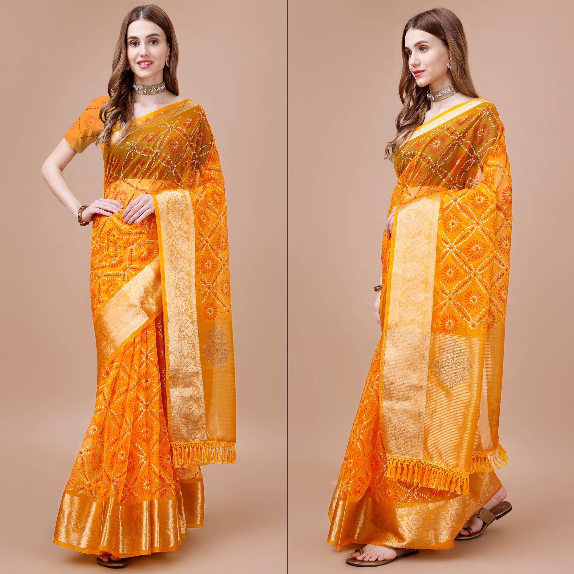 Yellow Bandhani Printed Organza Saree With Woven Border